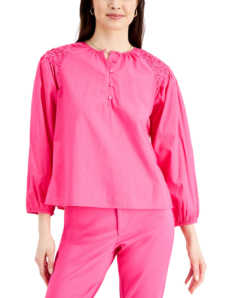 Charter Club Women Cotton Puff Sleeve Top Pink Lightning