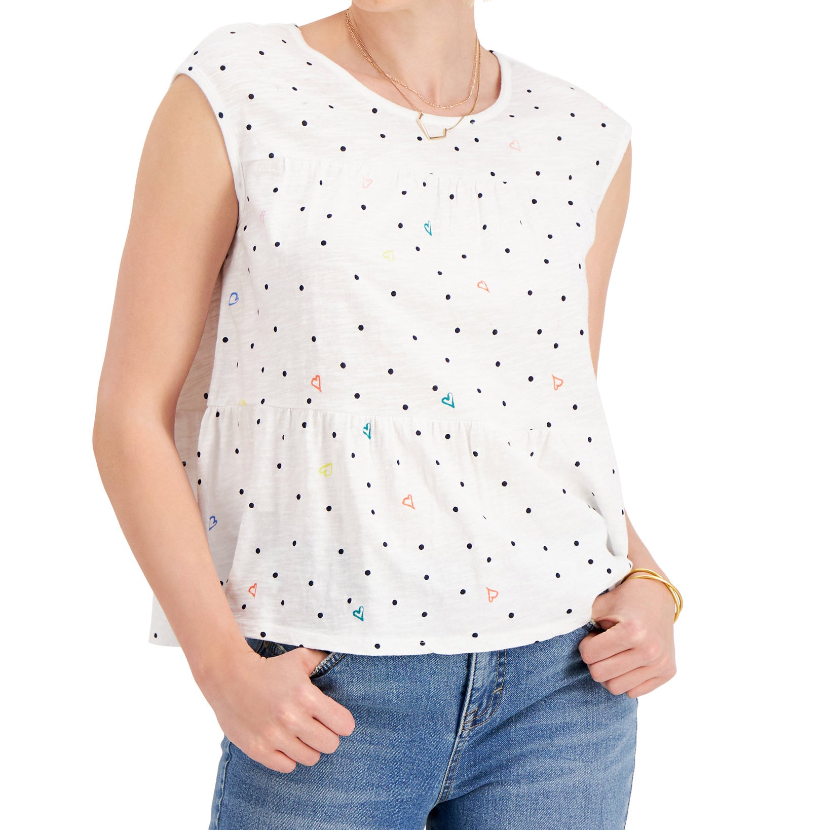 Style & Co Women Cotton Dot Print Tiered Tank Top Dot Scatter White