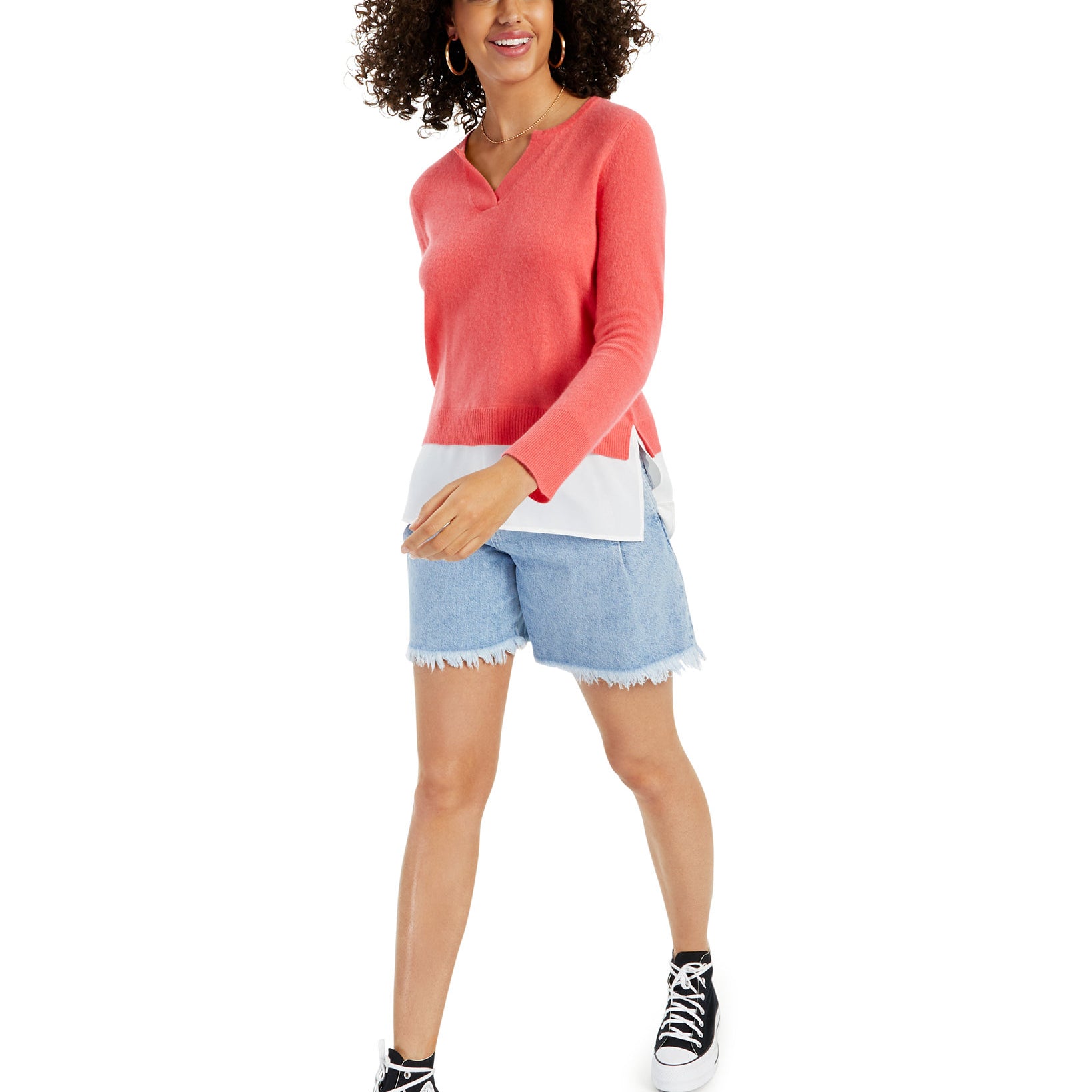 Charter Club Women Cashmere Long Sleeve Split Neck Twofer Gladiola