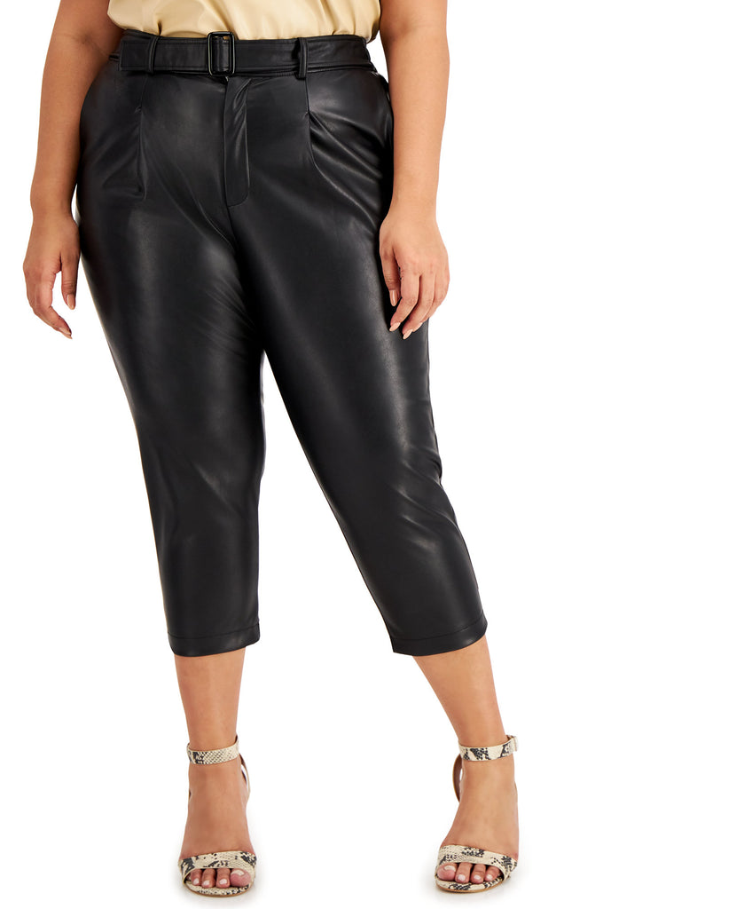 INC International Concepts Women Plus Faux Leather Belted Pants Deep Black