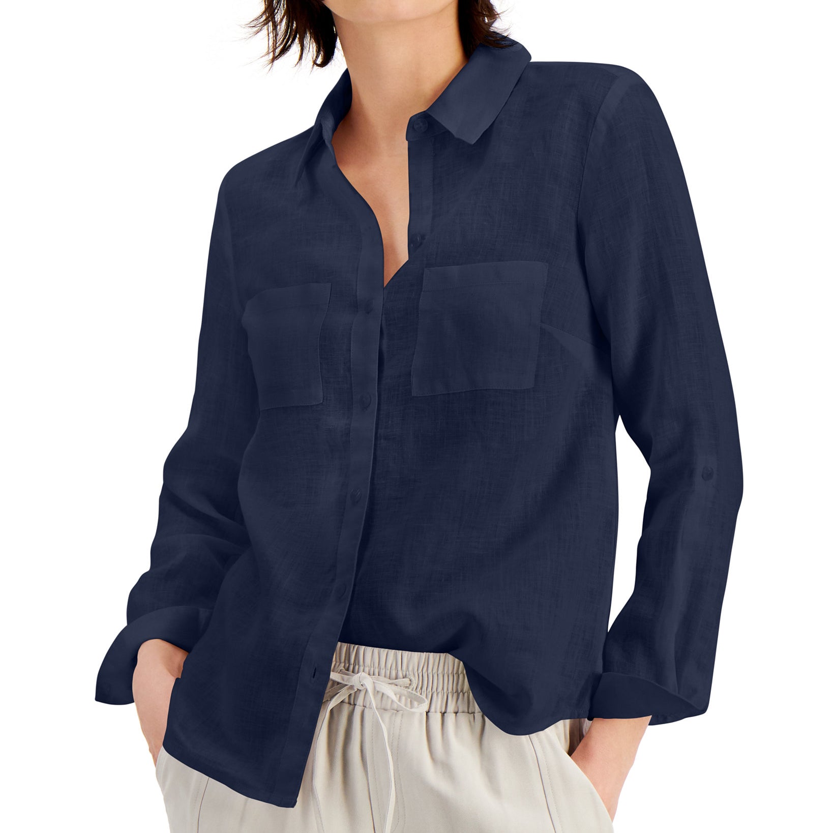 INC International Concepts Women Linen Roll Tab Shirt Indigo Sea