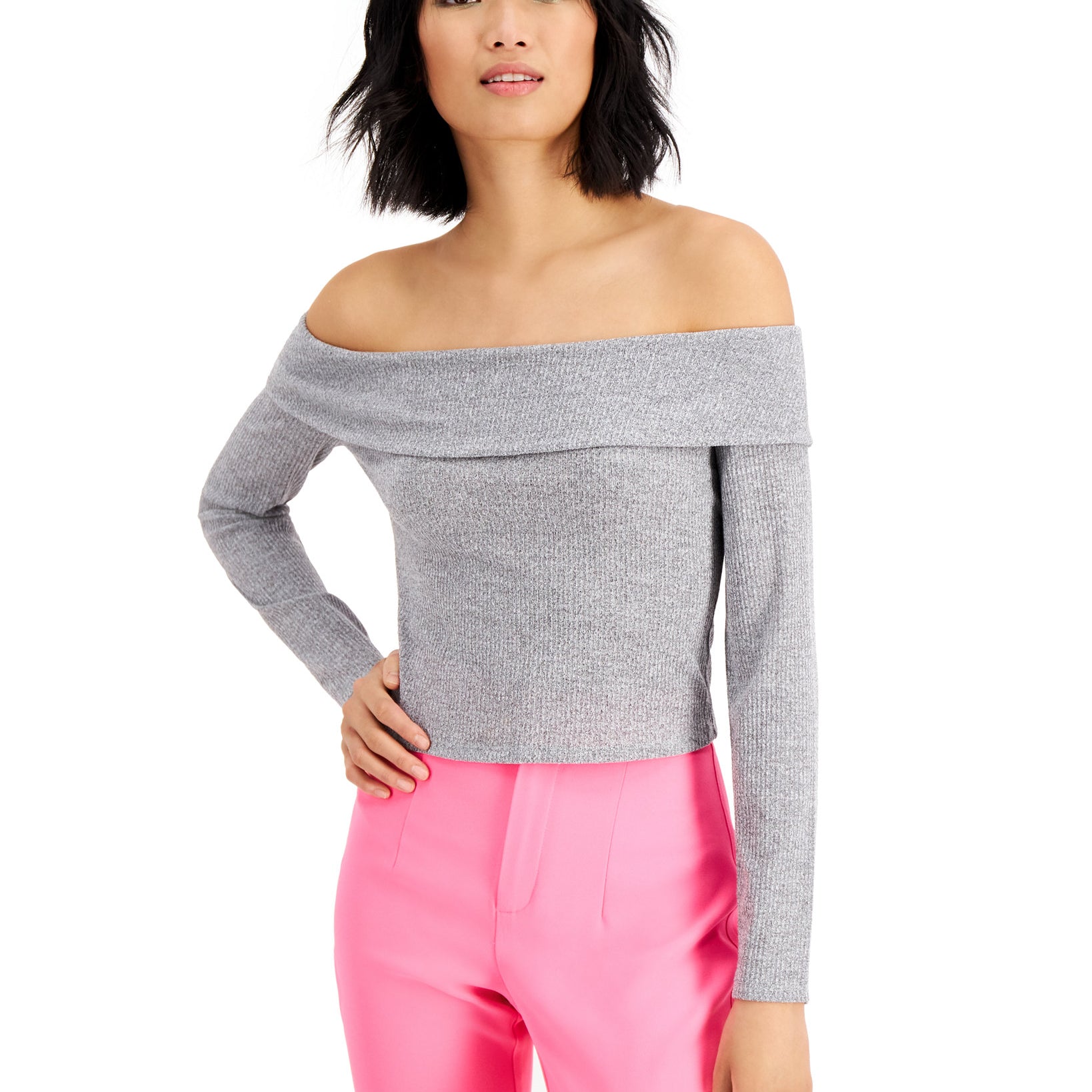 Bar III Women Off The Shoulder Top Heather Belle Grey
