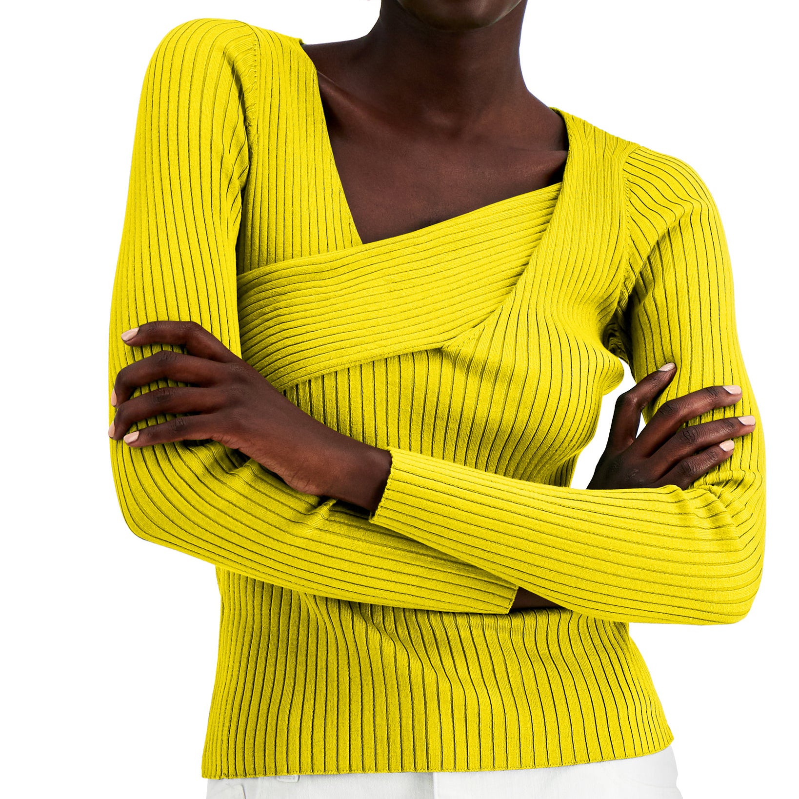INC International Concepts Women Asymmetrical Rib Sweater Sunbeam