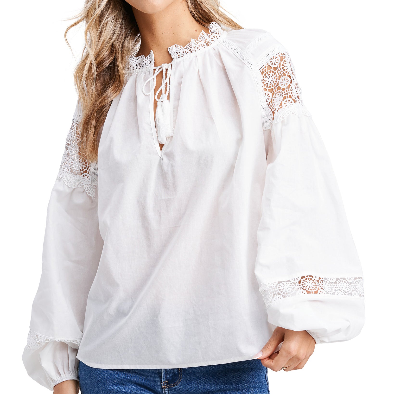 En Saison Women Crochet Blouson Sleeve Top Off white