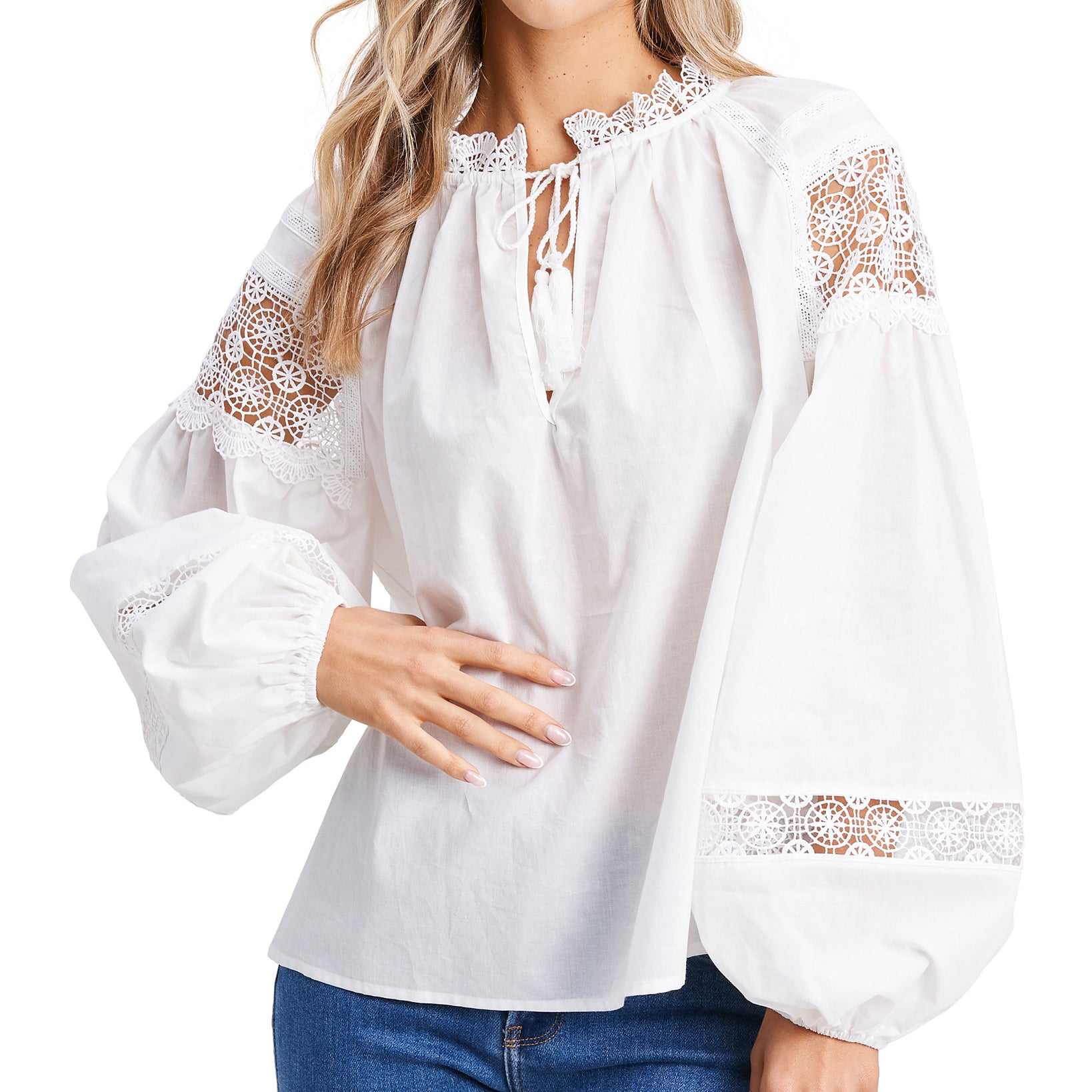 En Saison Women Crochet Blouson Sleeve Top
