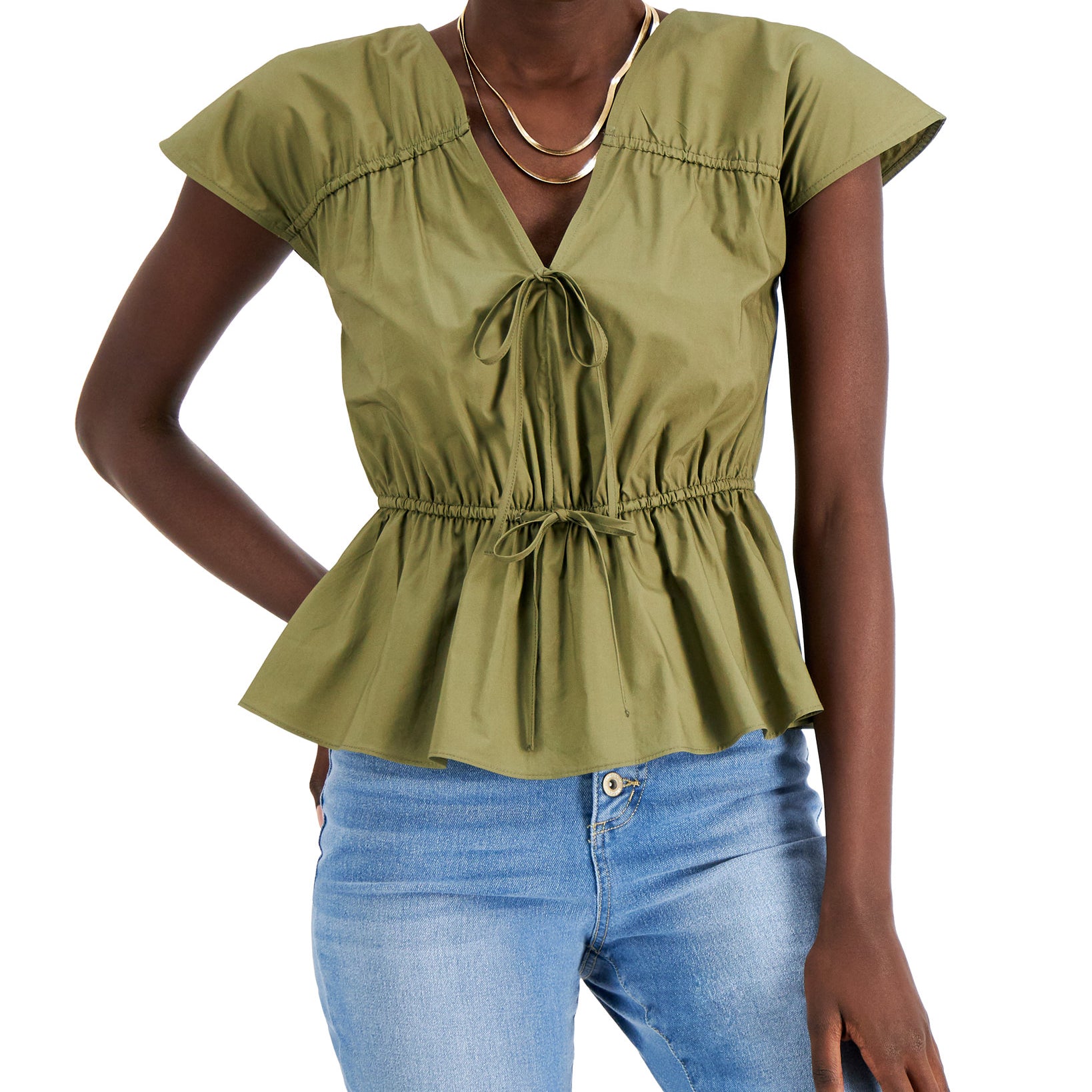 INC International Concepts Women Ruched Cotton V Neck Blouse Burnt Olive