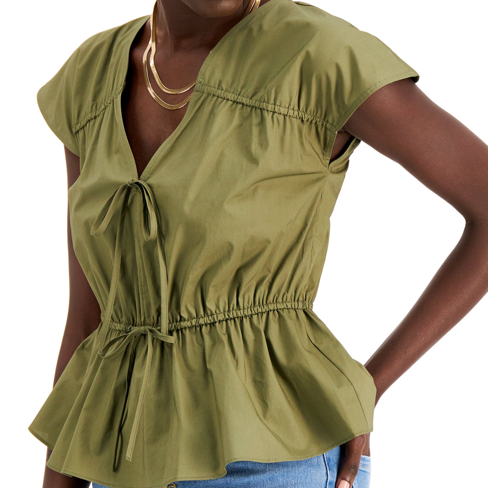 INC International Concepts Women Ruched Cotton V Neck Blouse