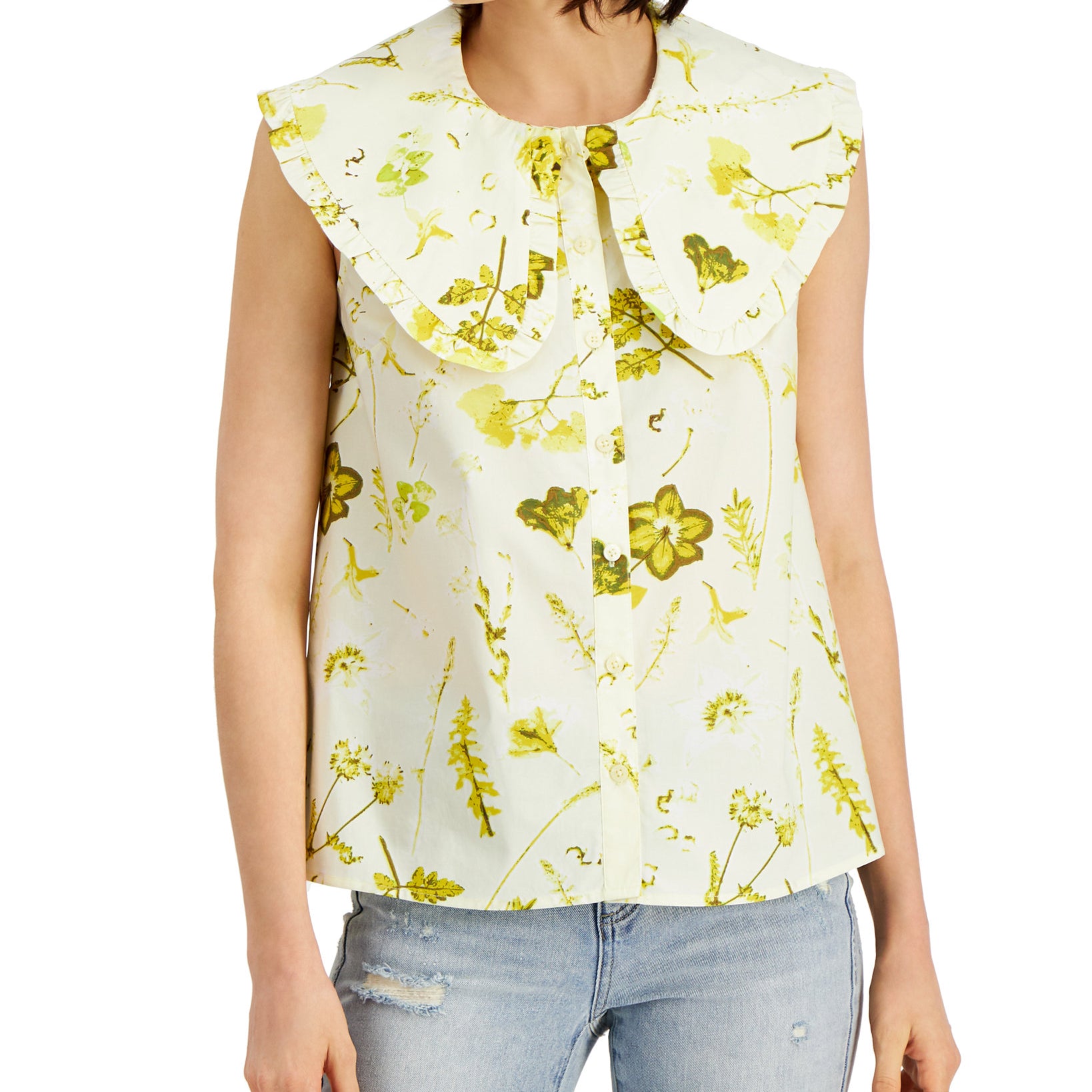 INC International Concepts Women Floral Print Cotton Ruffle Collar Top Camille Botanic