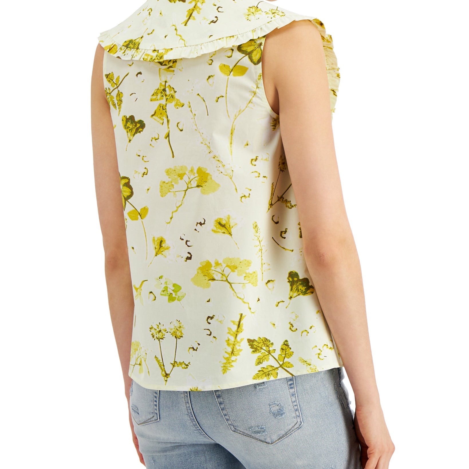 INC International Concepts Women Floral Print Cotton Ruffle Collar Top