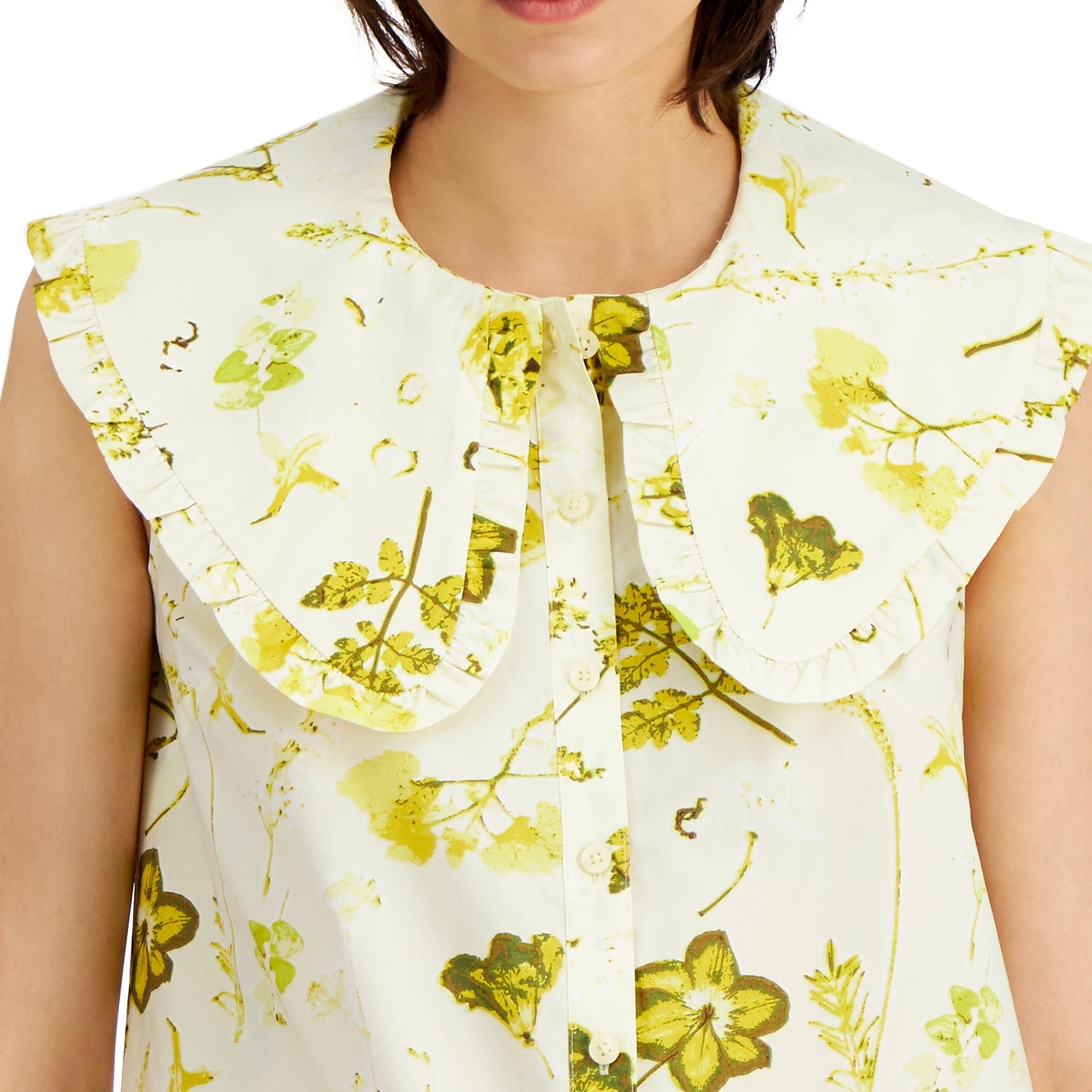 INC International Concepts Women Floral Print Cotton Ruffle Collar Top