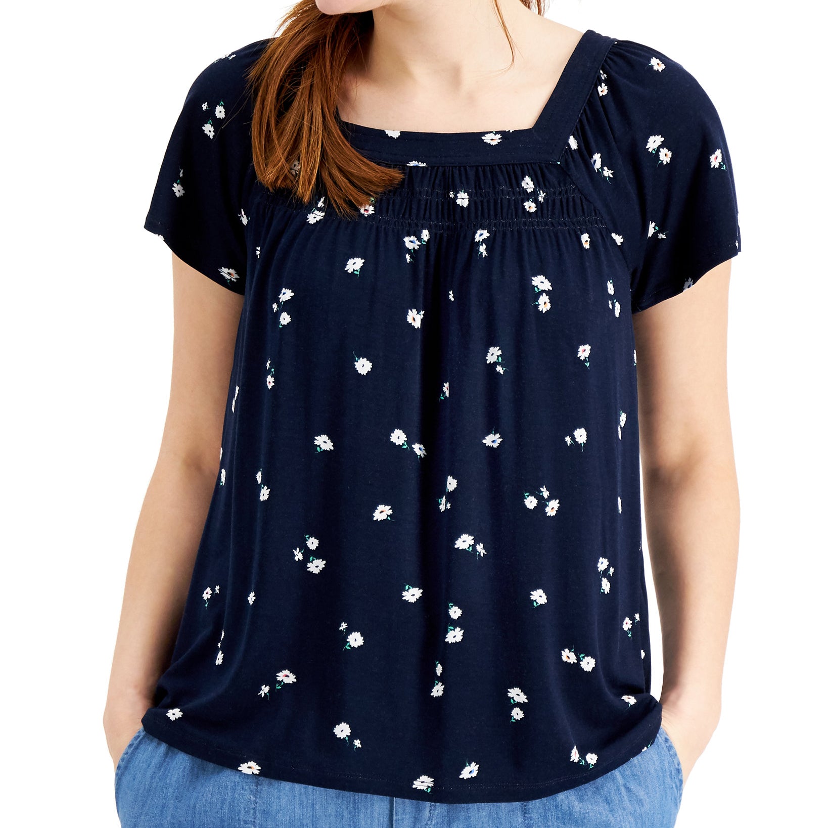 Style & Co Women Printed Square Neck Top Industiral Blue Daisy
