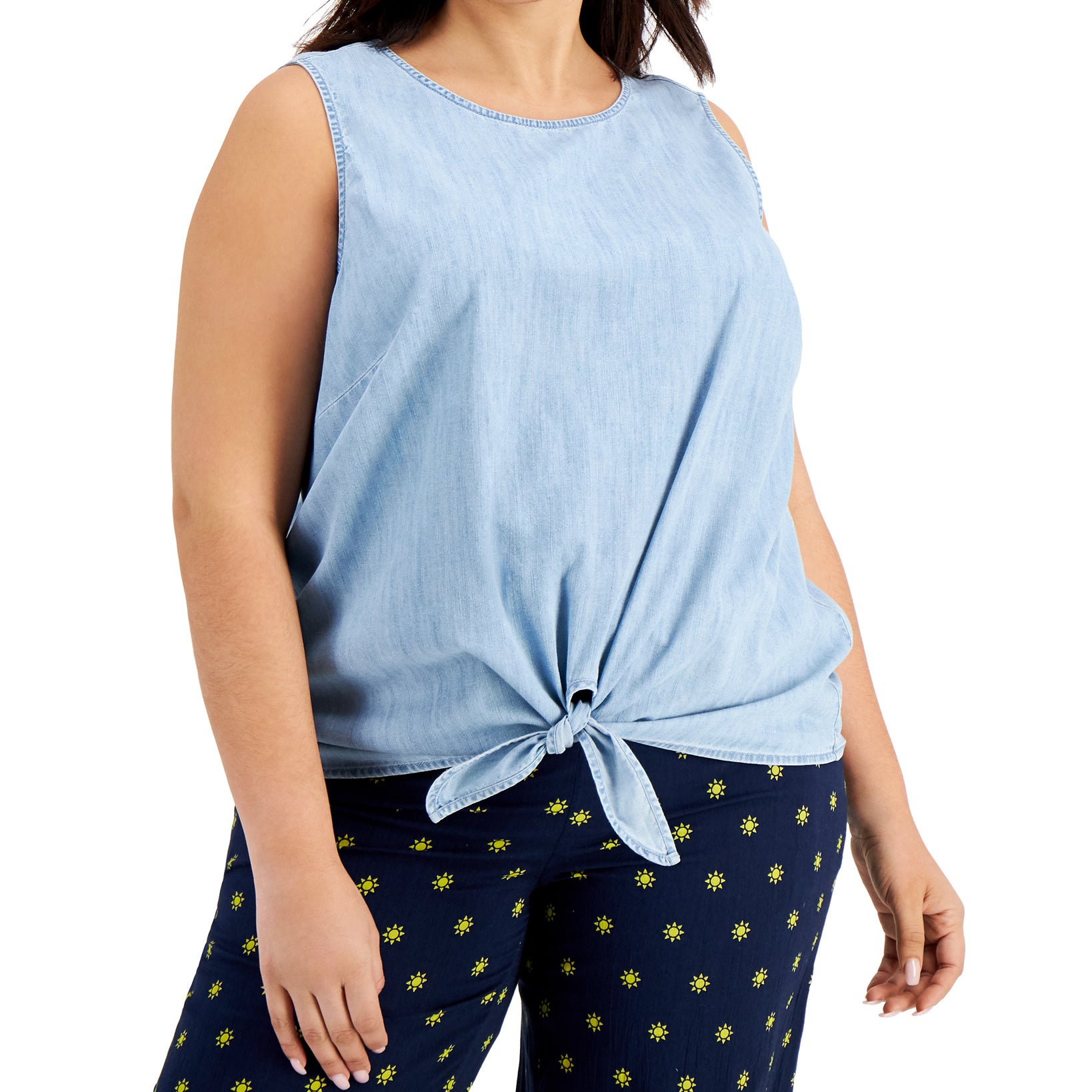 Style & Co Women Plus Cotton Chambray Tie Hem Top Light Chambray