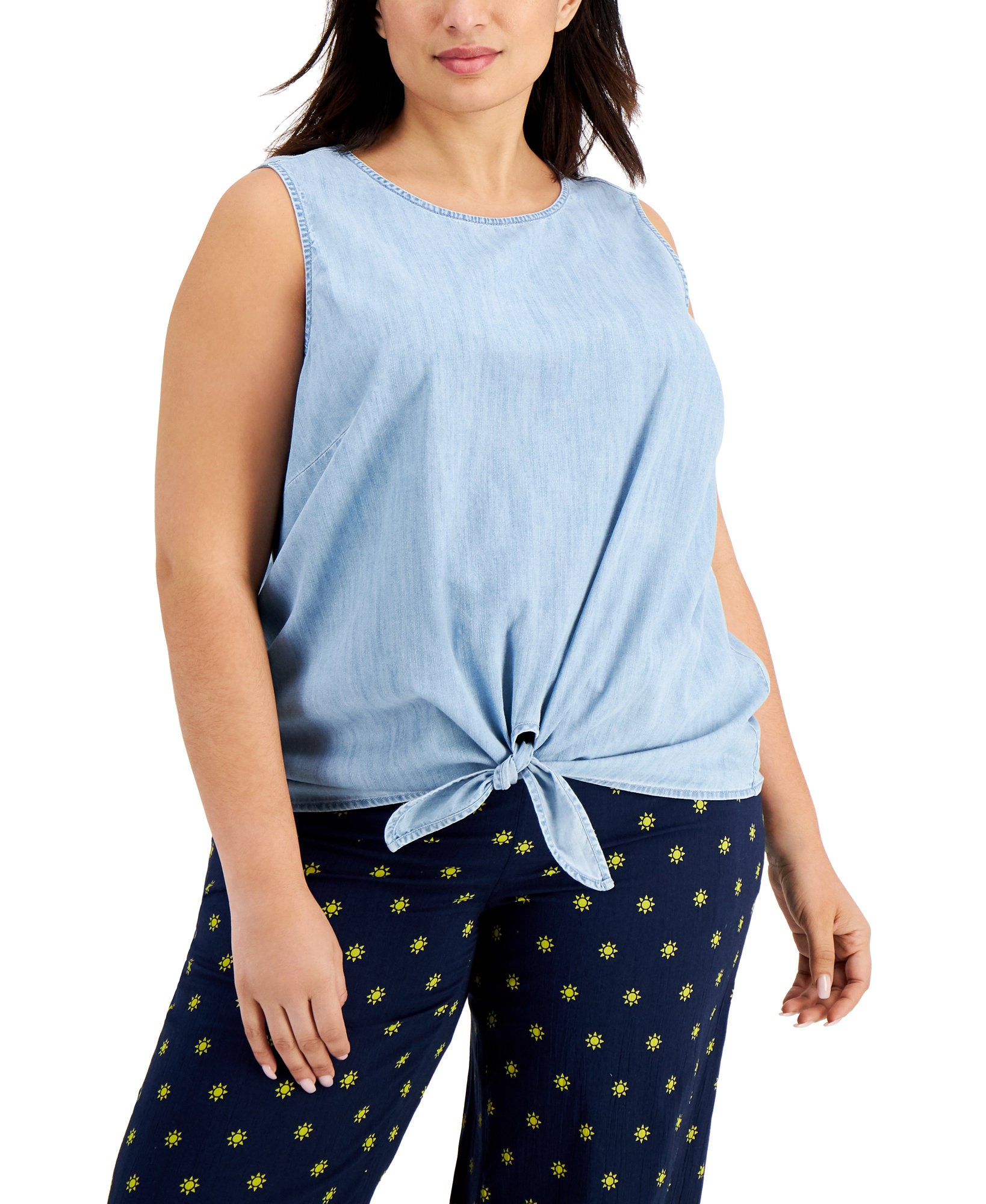 Style & Co Women Plus Cotton Chambray Tie Hem Top Light Chambray