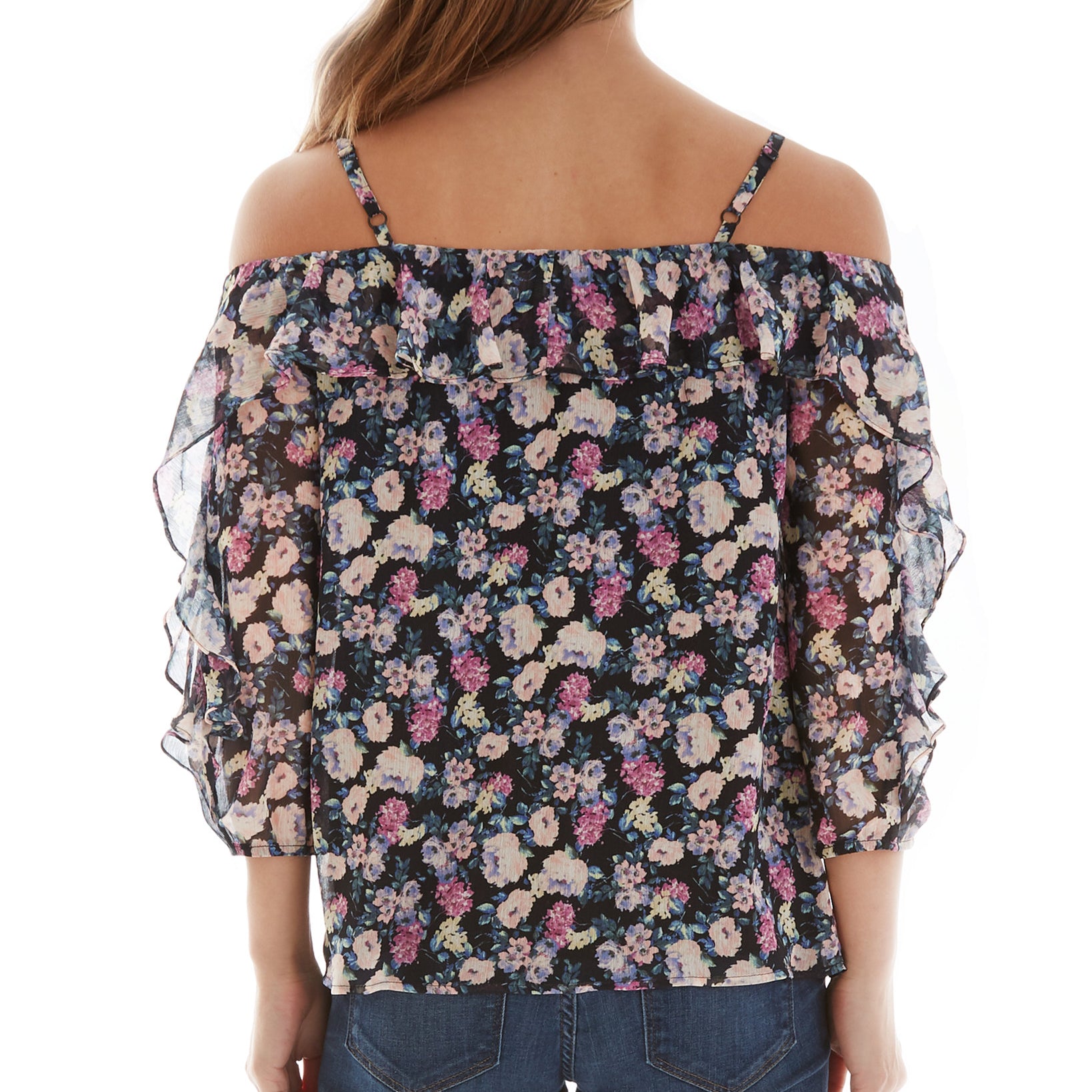 BCX Women Floral Print Ruffled Cold Shoulder Top