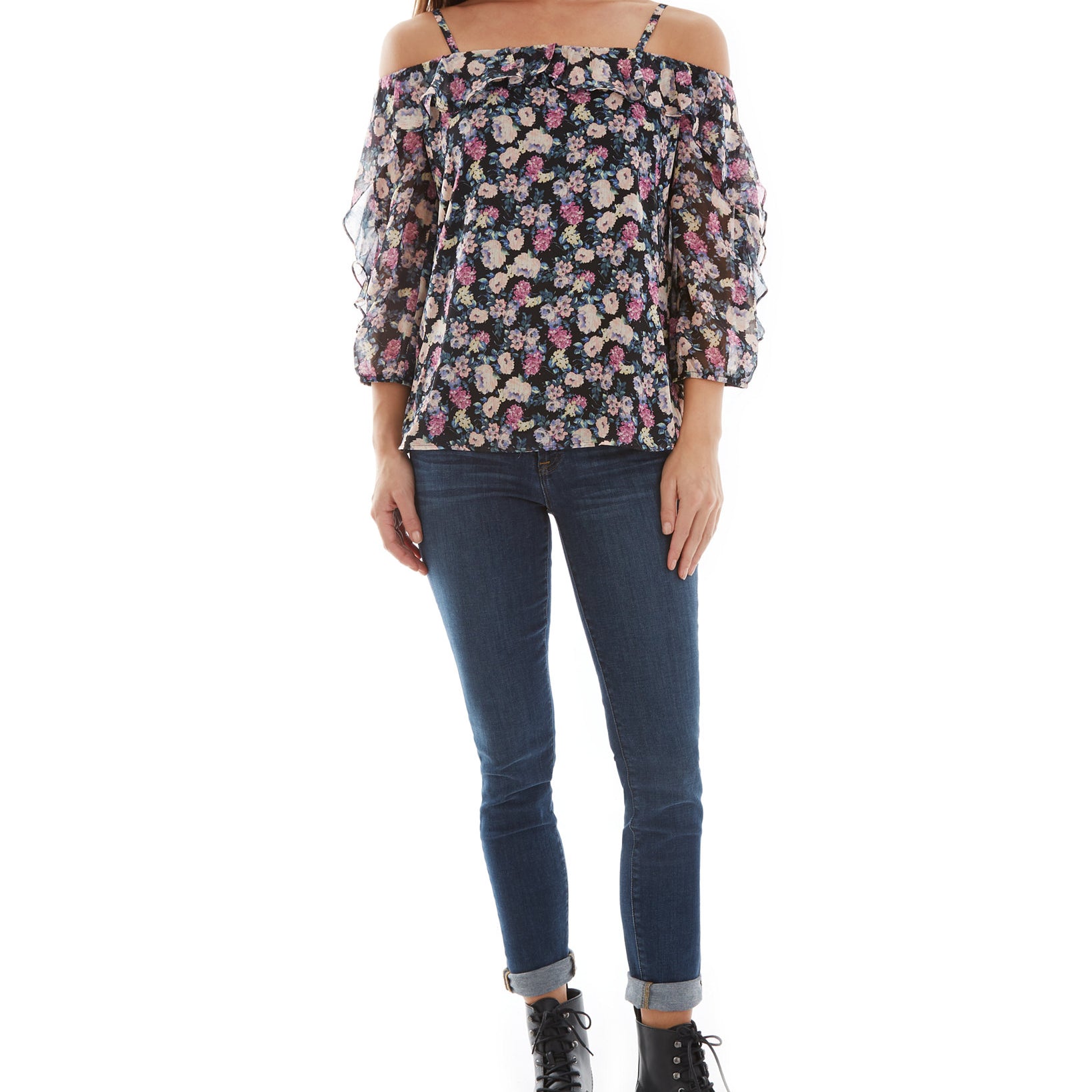 BCX Women Floral Print Ruffled Cold Shoulder Top