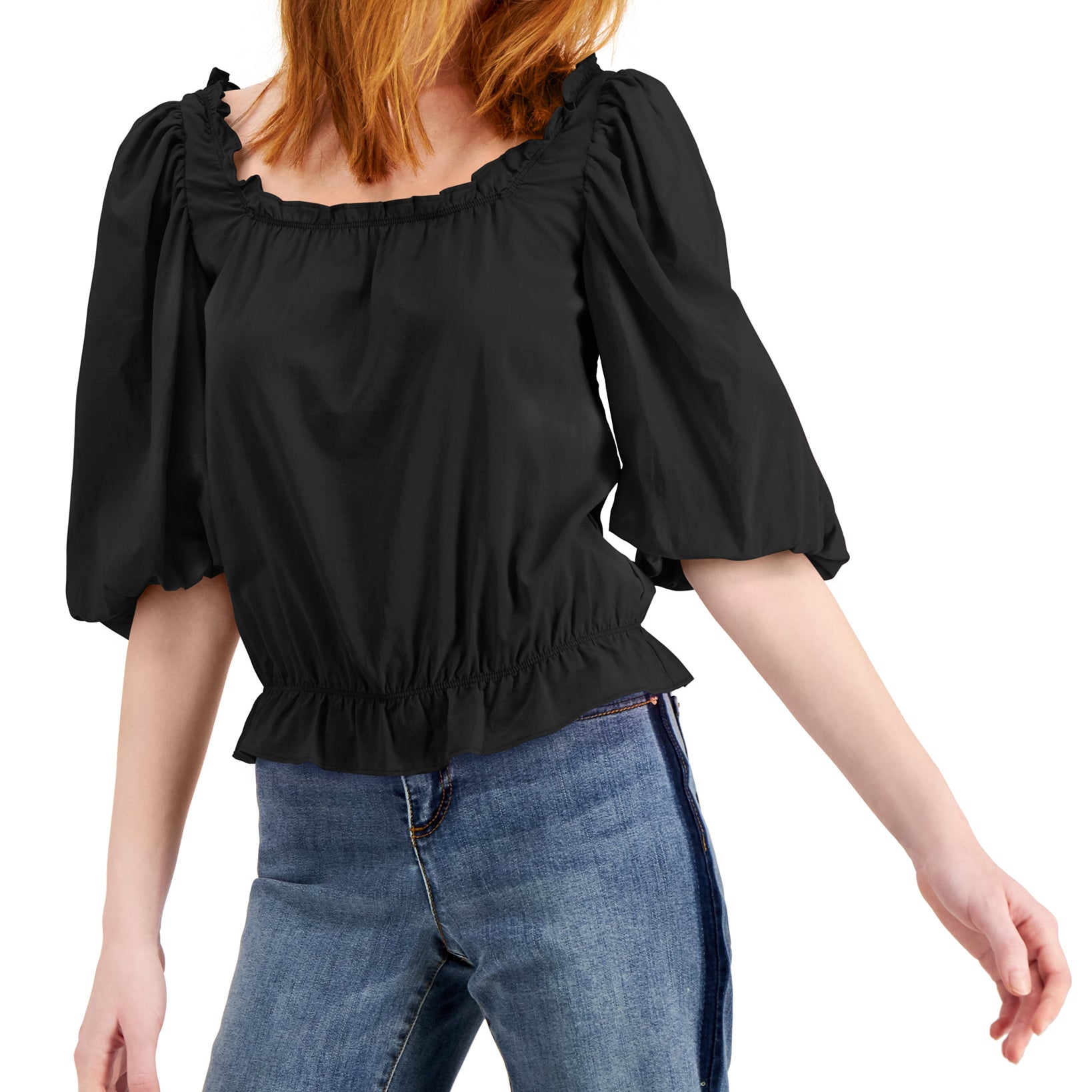 INC International Concepts Women Square Neck Blouse Deep Black