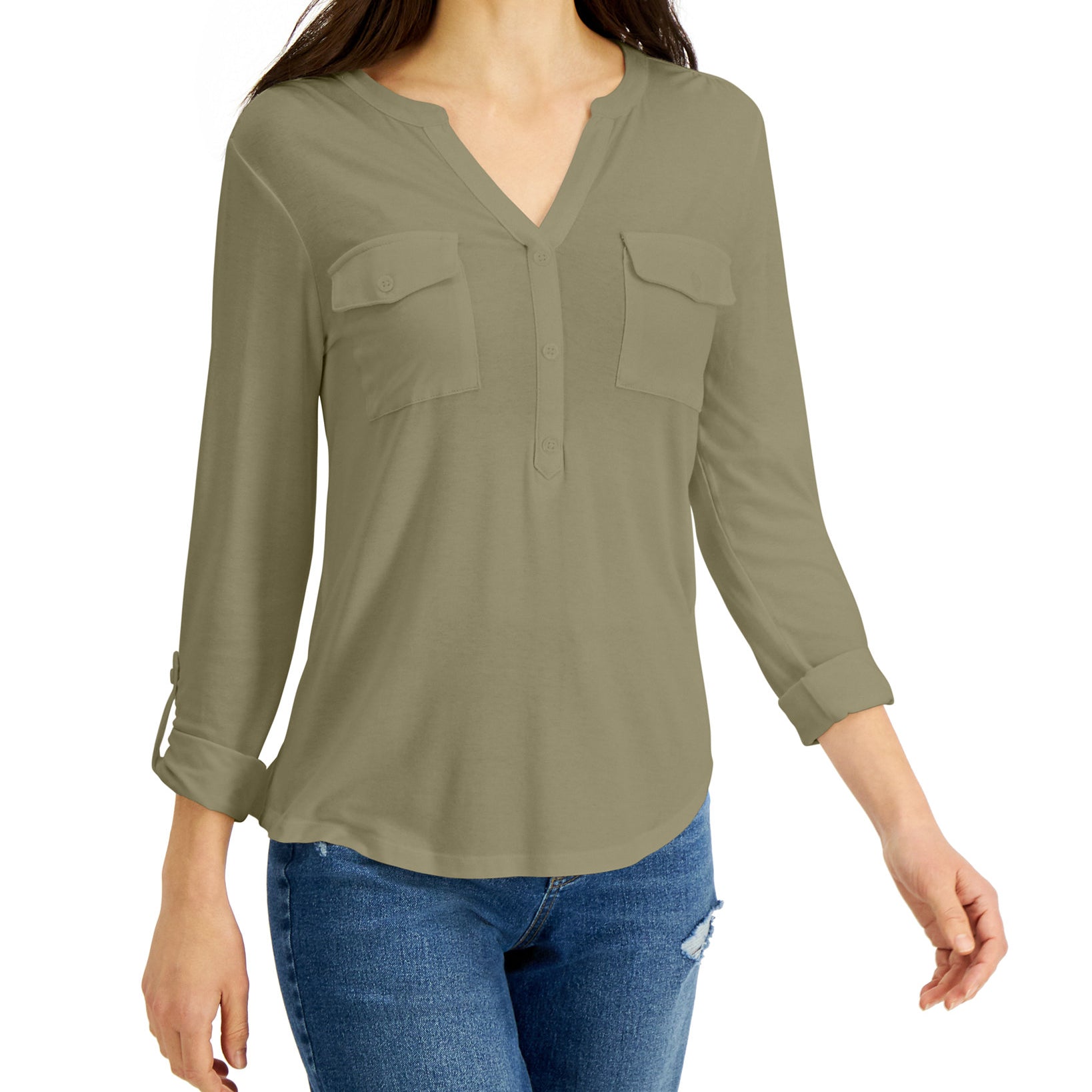 Style & Co Women Split Neck Roll Tab Sleeve Top New Pale Sage
