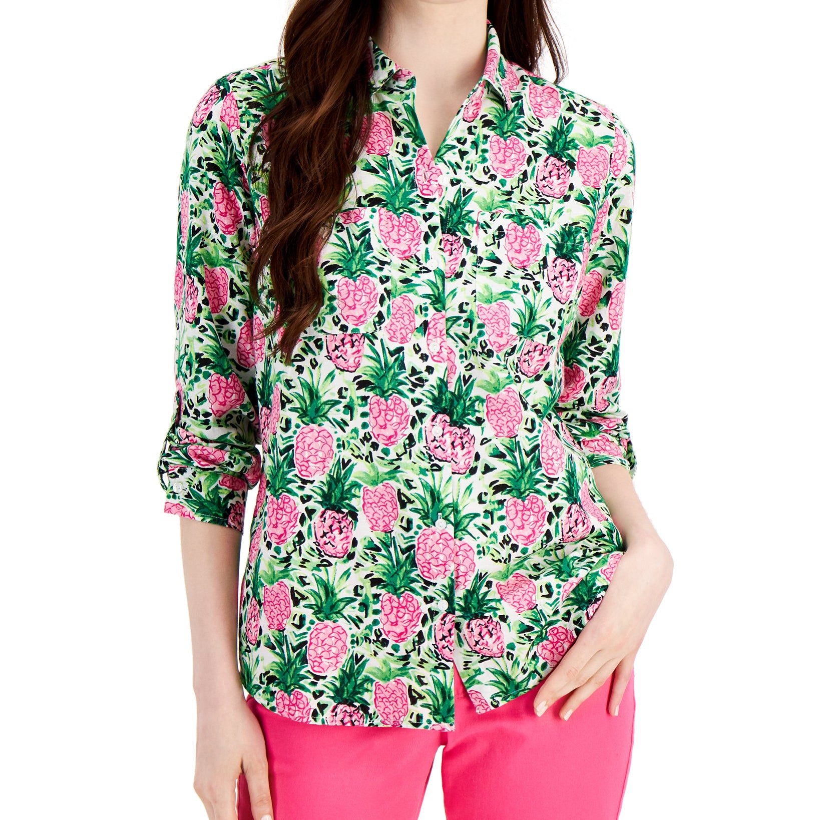 Charter Club Women Printed Button Up Shirt Bright White Combo