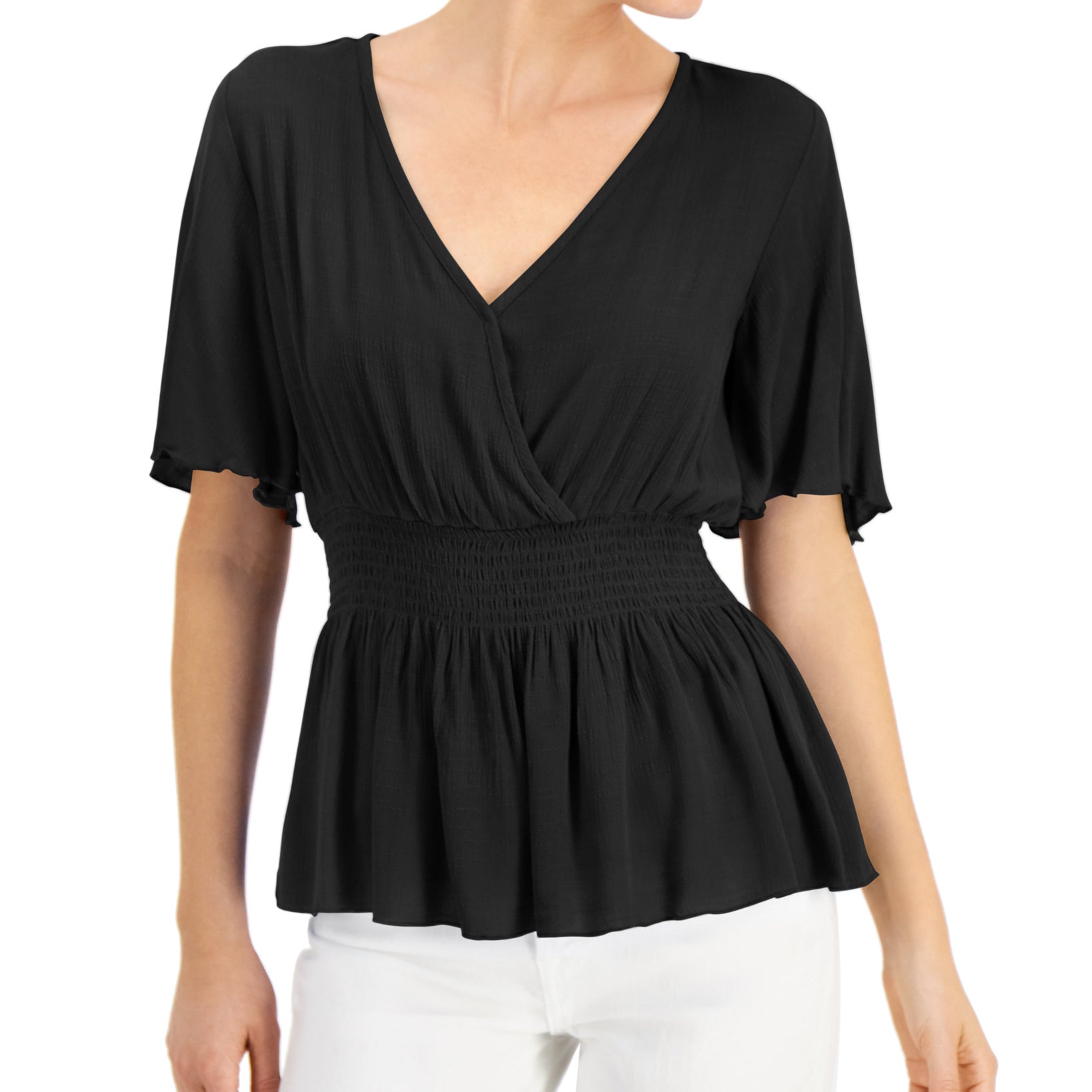 JPR Studio Women Smocked Surplice Peplum Top Black