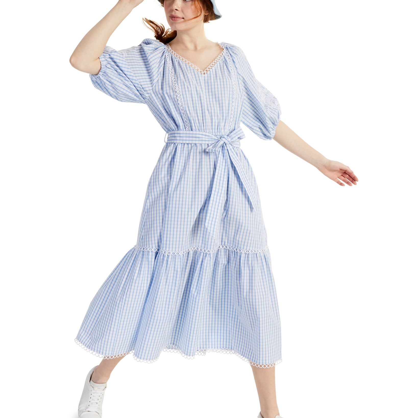 Charter Club Women Petite Plaid Cotton Midi Dress Bright White Combo