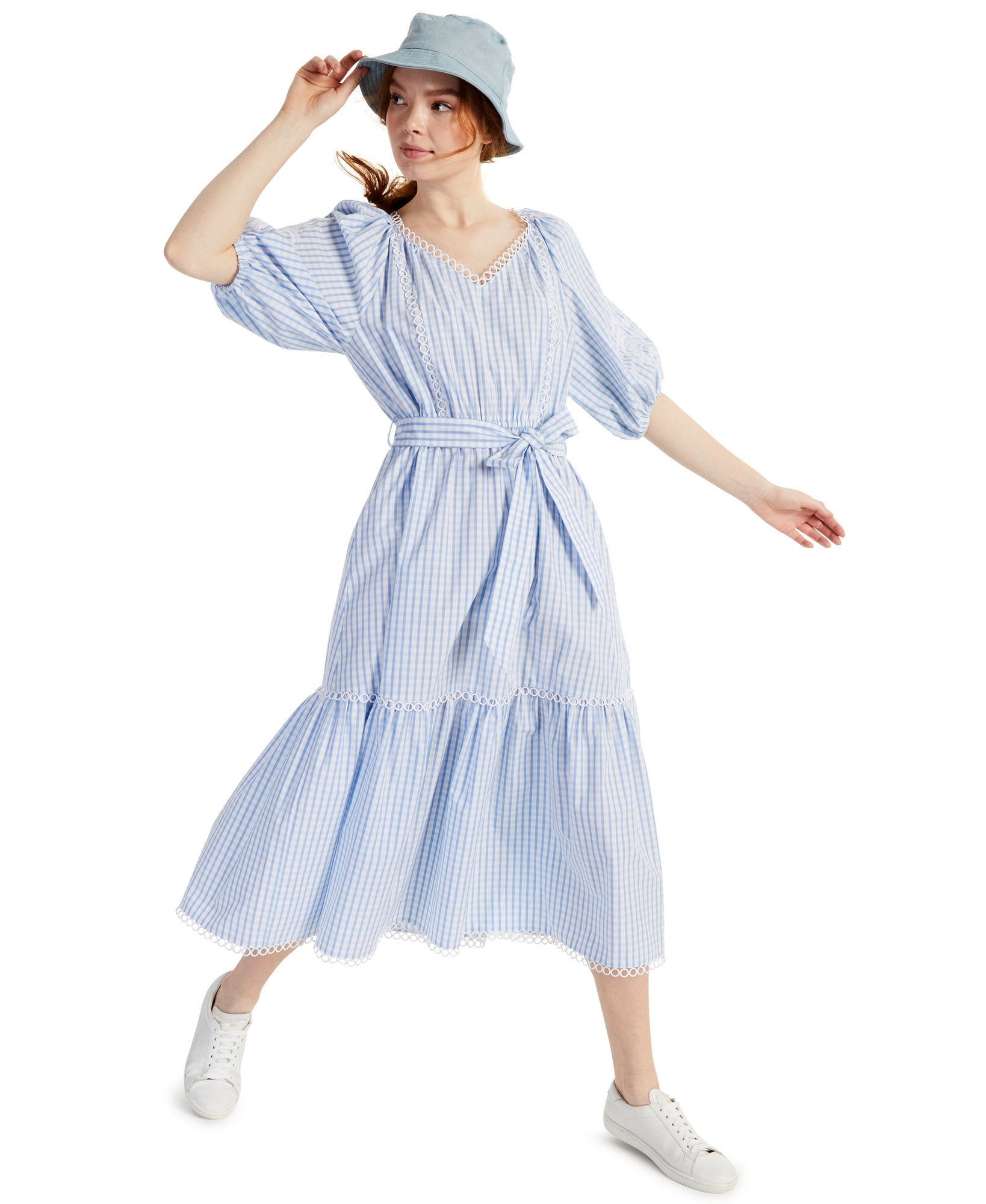 Charter Club Women Petite Plaid Cotton Midi Dress Bright White Combo