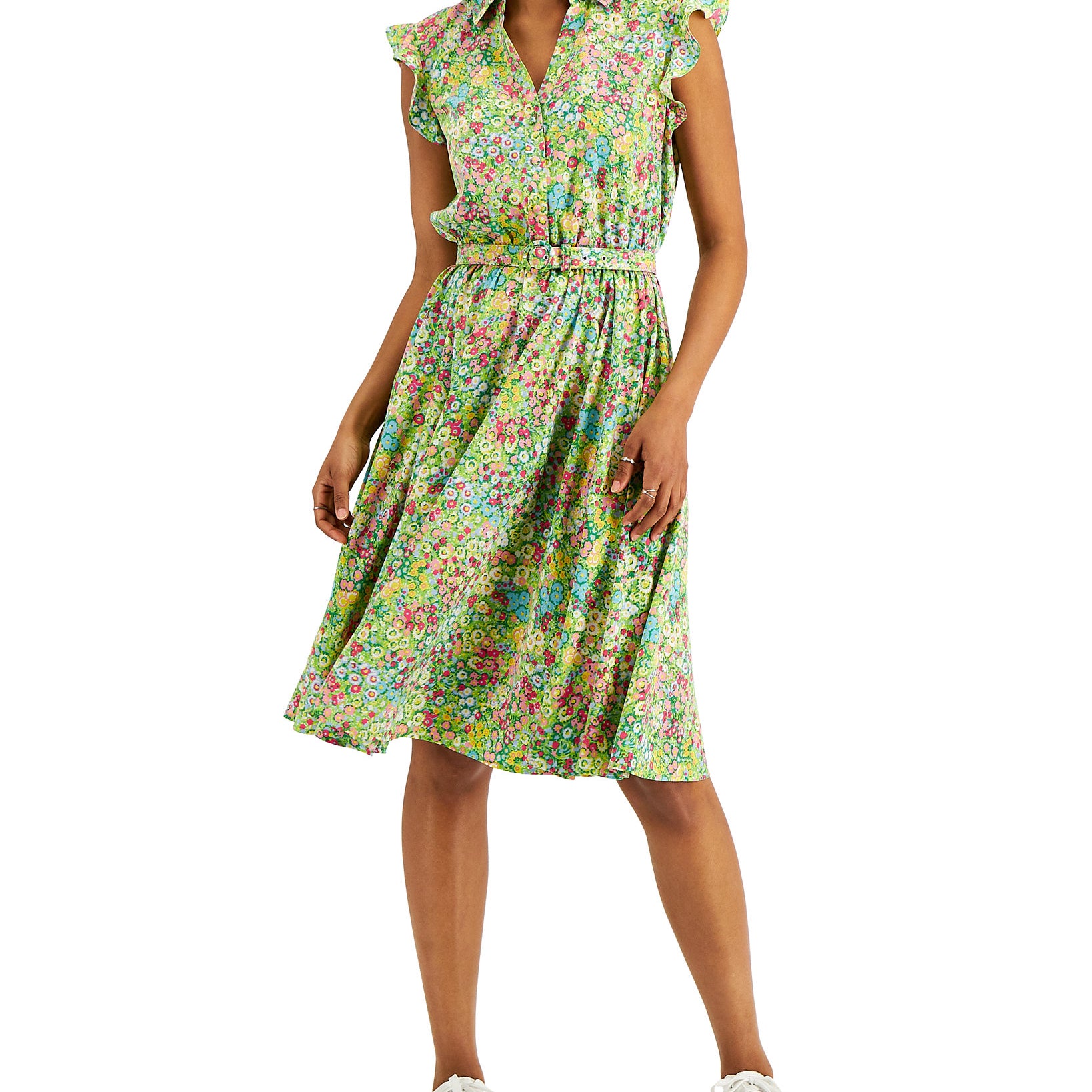 Charter Club Women Printed Ruffled Sleeve Dress Bright Pine Combo