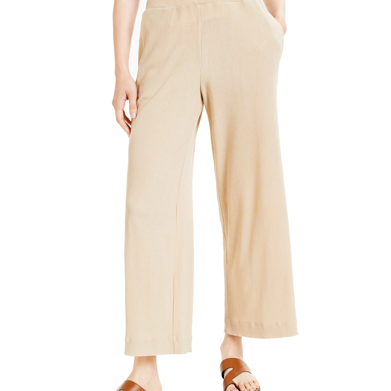 Alfani Women Petite Ribbed Wide Leg Pants Cream Beige