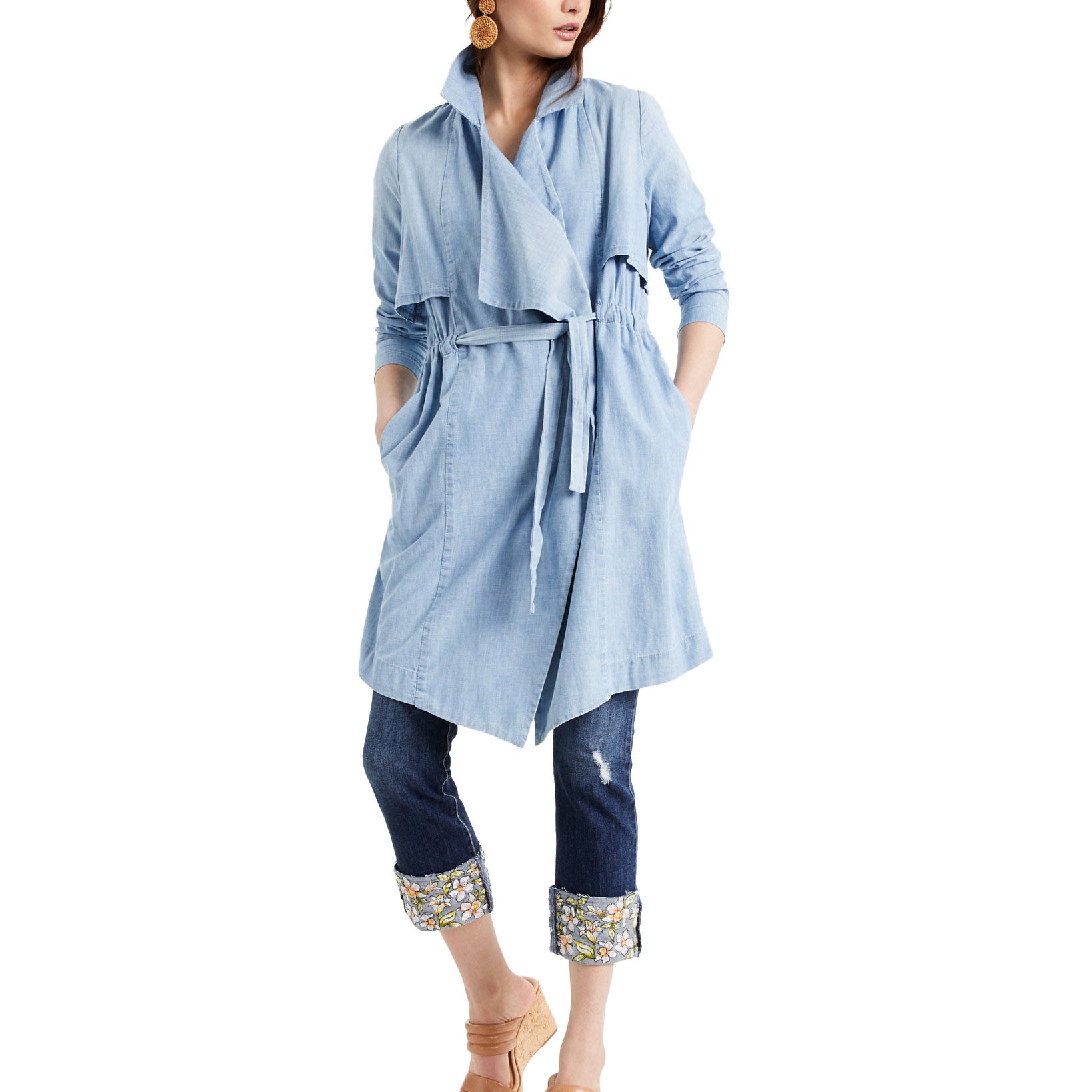 INC International Concepts Women Cotton Draped Denim Jacket Light Indigo