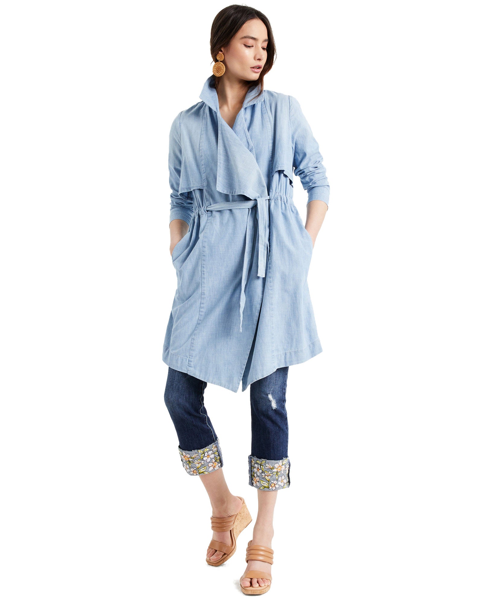 INC International Concepts Women Cotton Draped Denim Jacket Light Indigo