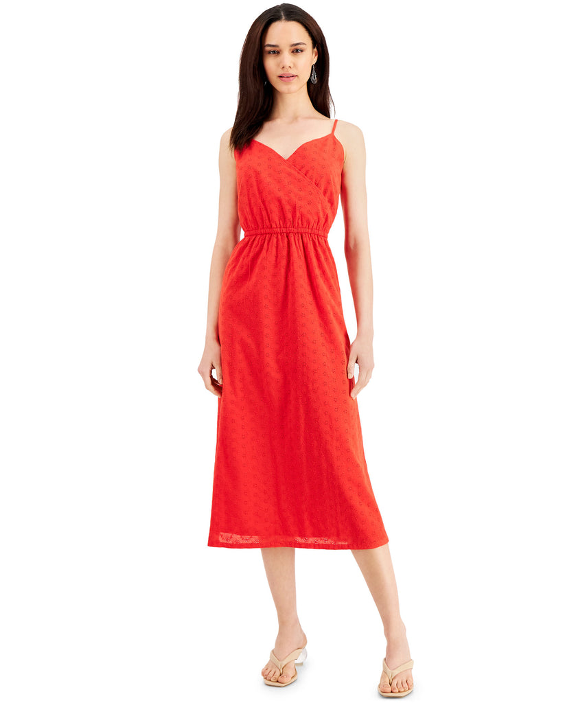 Style & Co Women Petite Cotton Eyelet Wrap Front Midi Dress Loving Red