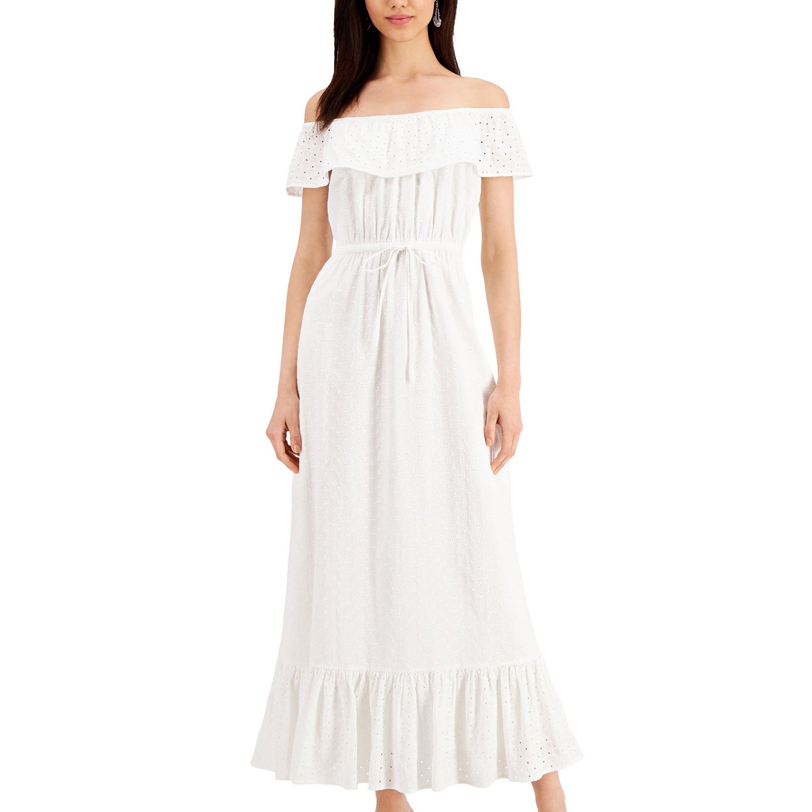 Style & Co Women Petite Cotton Off The Shoulder Eyelet Maxi Dress Bright White