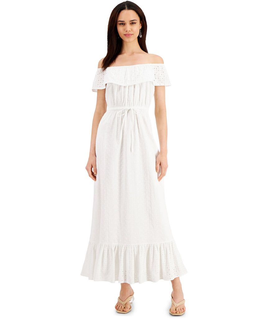 Style & Co Women Petite Cotton Off The Shoulder Eyelet Maxi Dress Bright White