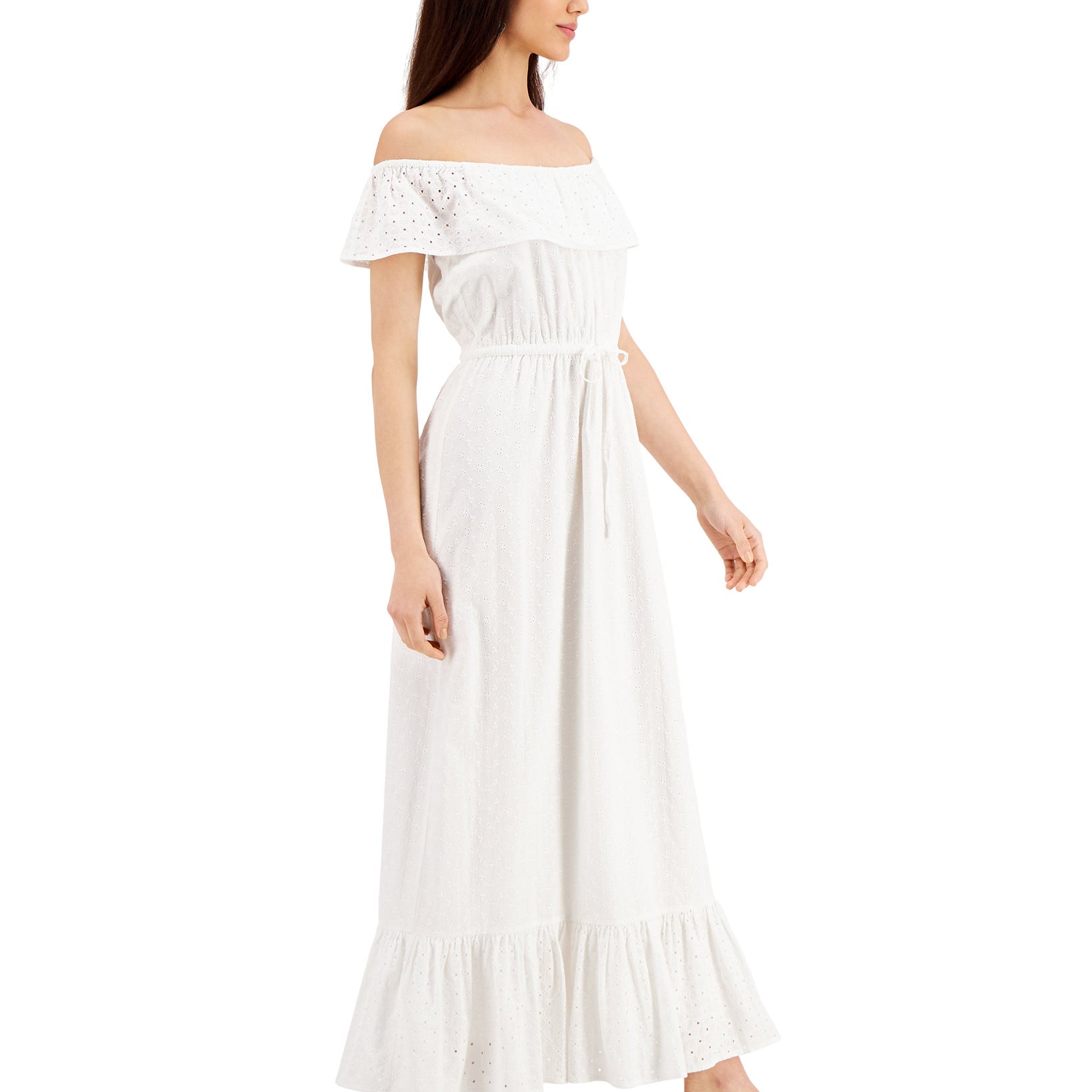 Style & Co Women Petite Cotton Off The Shoulder Eyelet Maxi Dress