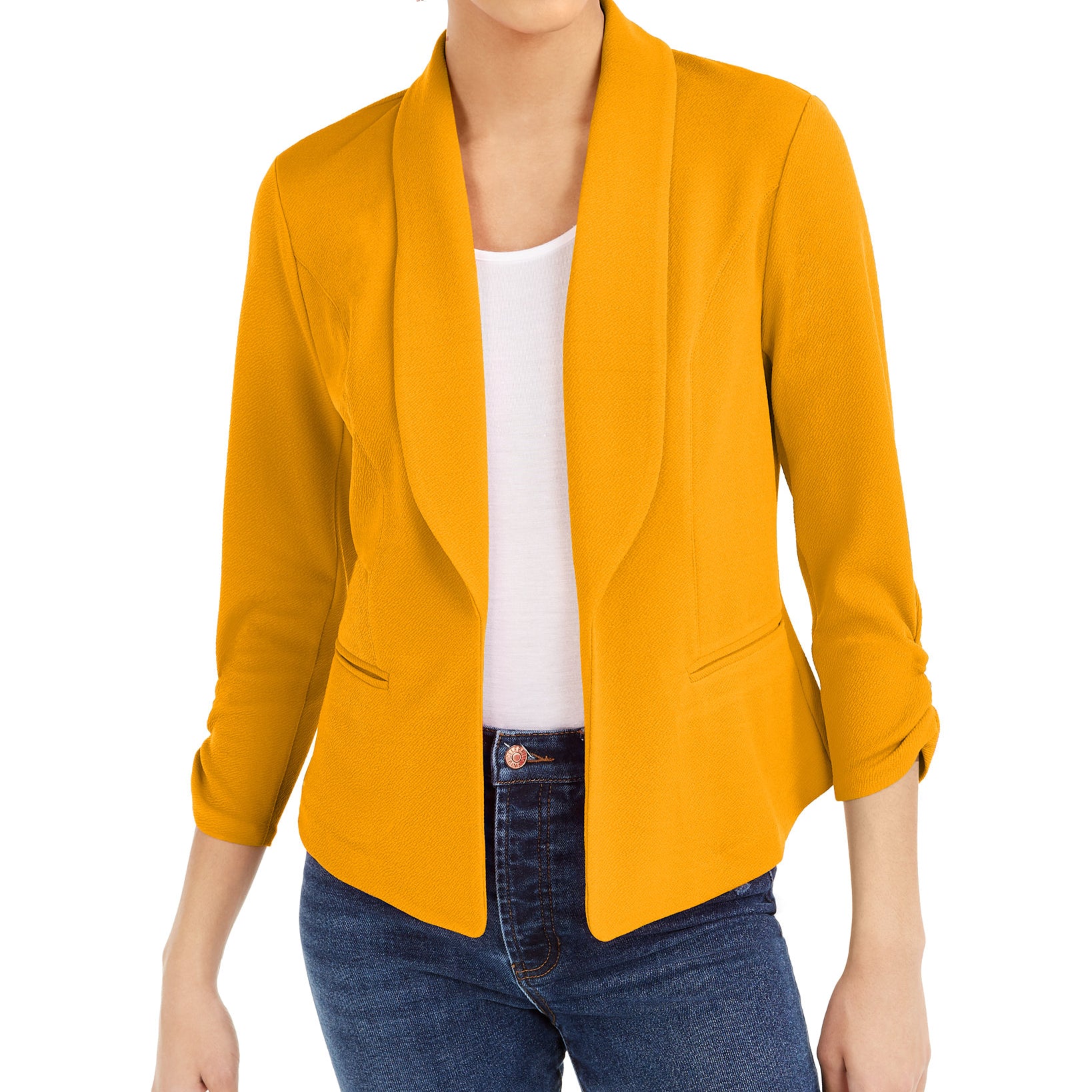 Bar III Women Knit Crepe Ruched Sleeve Blazer Yellow Blast