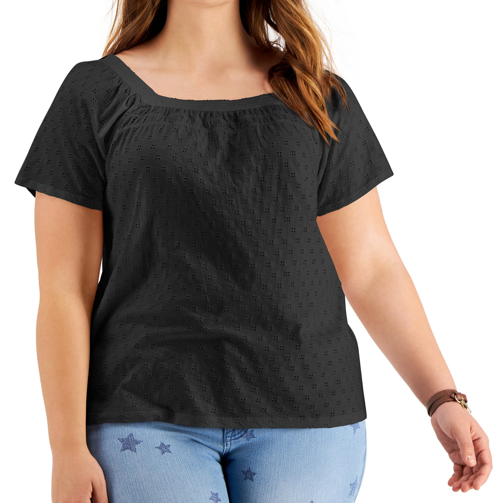 Style & Co Women Plus Cotton Eyelet Knit Top Deep Black