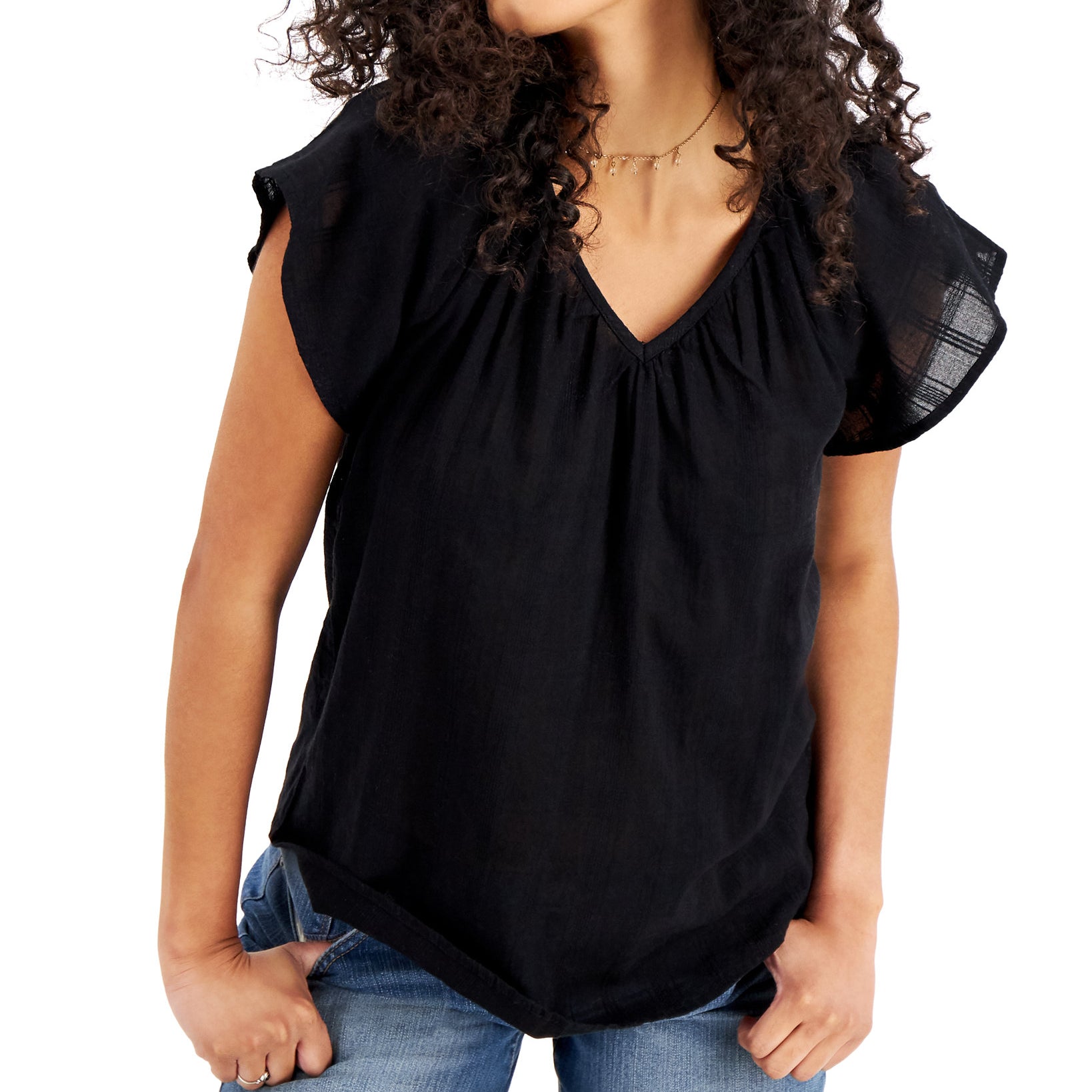 Style & Co Women Solid Flutter Sleeve V Neck Top Deep Black