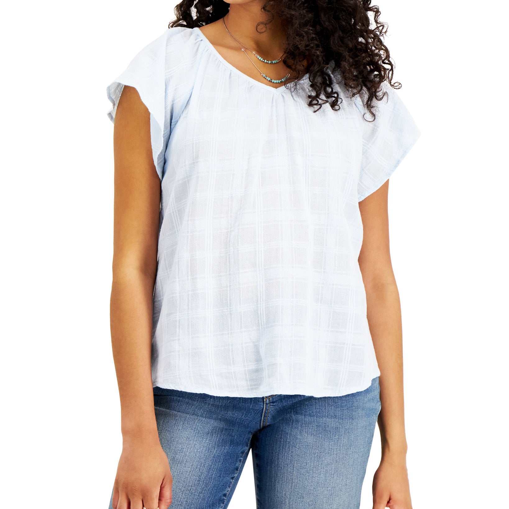 Style & Co Women Solid Flutter Sleeve V Neck Top Chrystall Blue