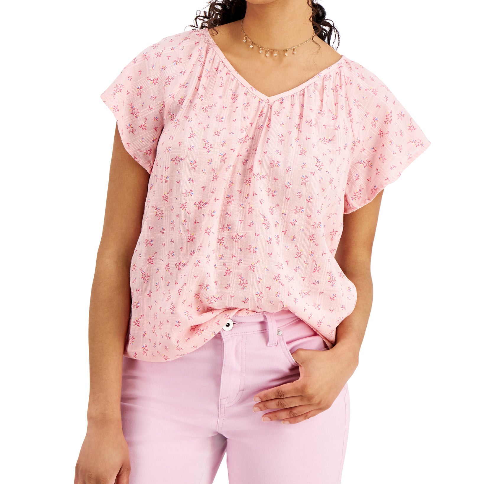 Style & Co Women Petite Printed V Neck Flounce Top Champagne Pink