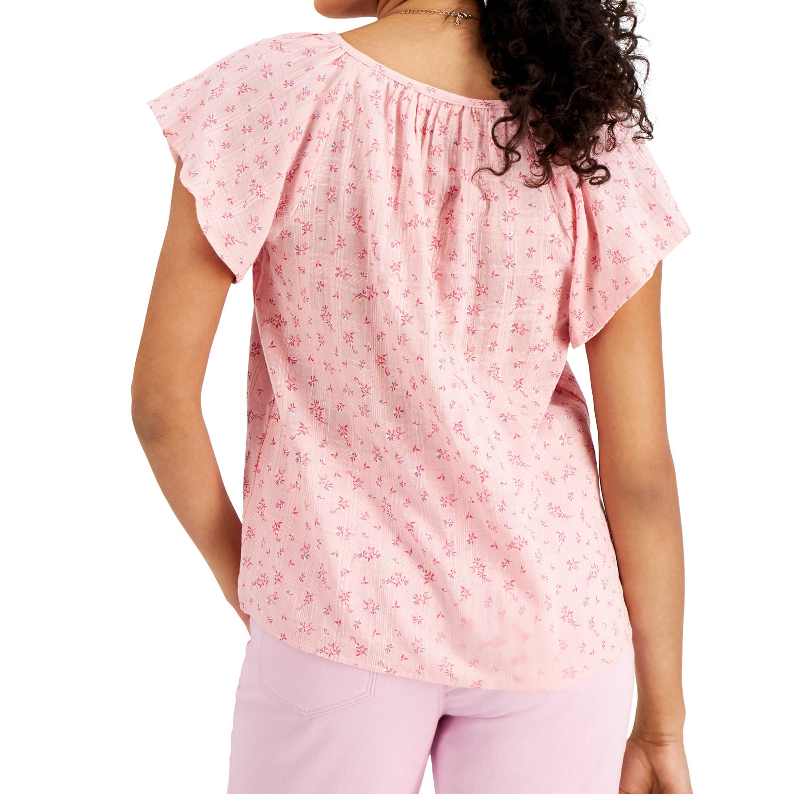 Style & Co Women Petite Printed V Neck Flounce Top