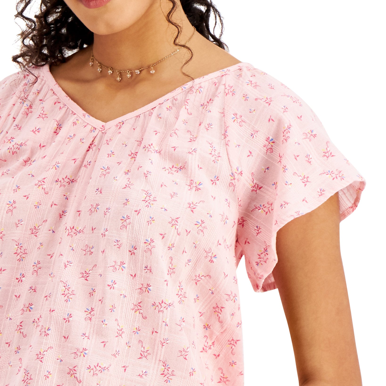 Style & Co Women Petite Printed V Neck Flounce Top