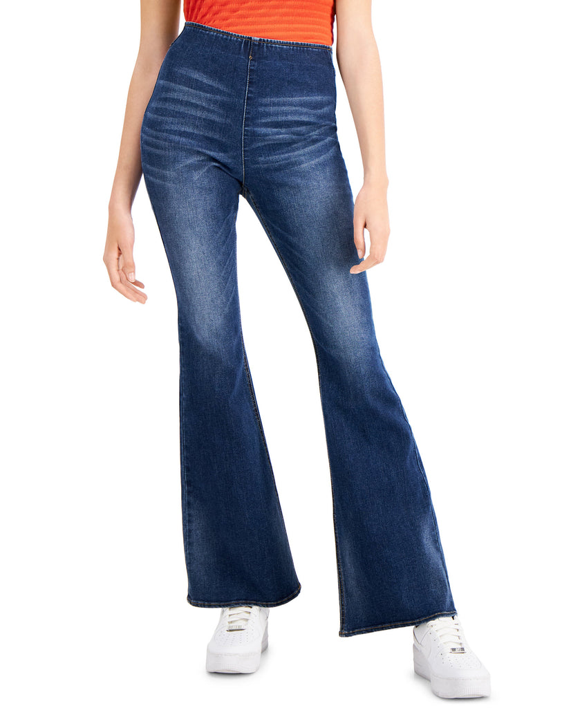 Tinseltown Women High Rise Pull On Flare Jeans Dark Wash