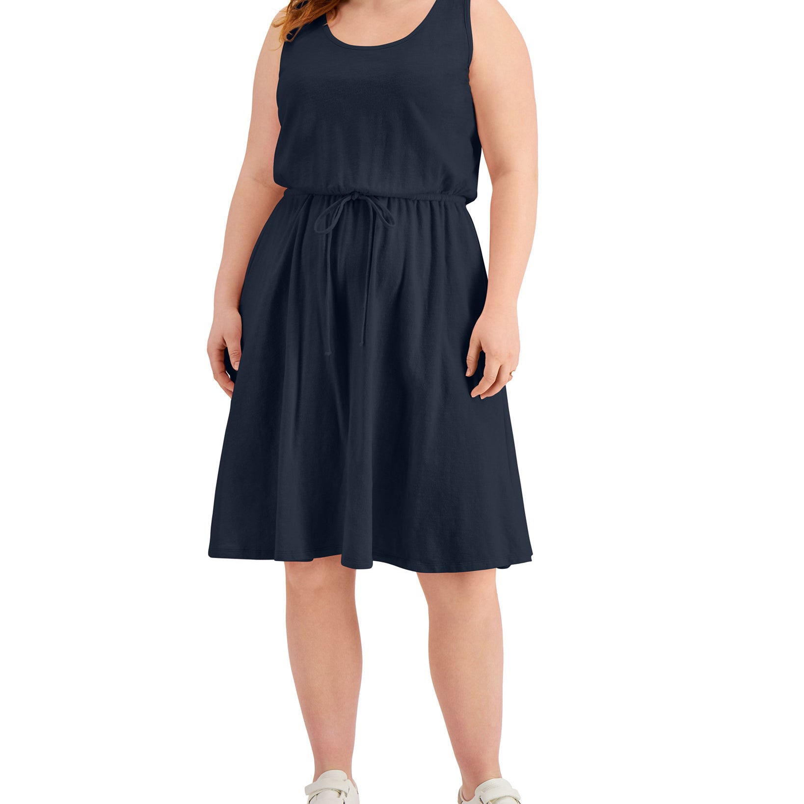 Style & Co Women Plus Cotton Knit Drawstring Waist Dress Industrial Blue