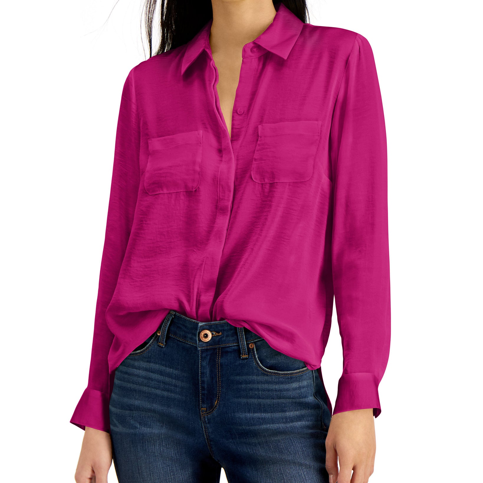 INC International Concepts Women Satin Utility Shirt Jazzy Pink