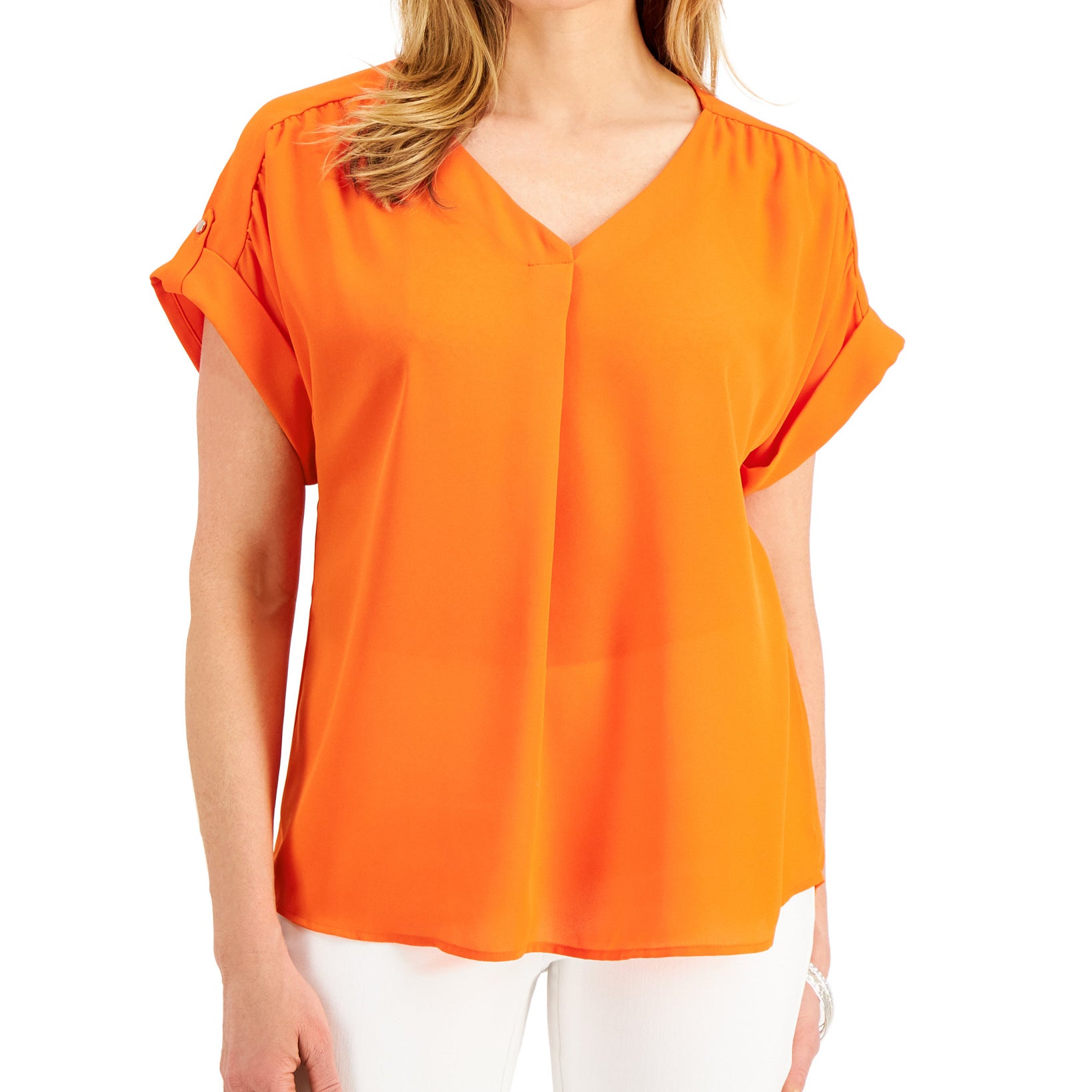 JM Collection Women Short Sleeve V neck Top True Pumpkin