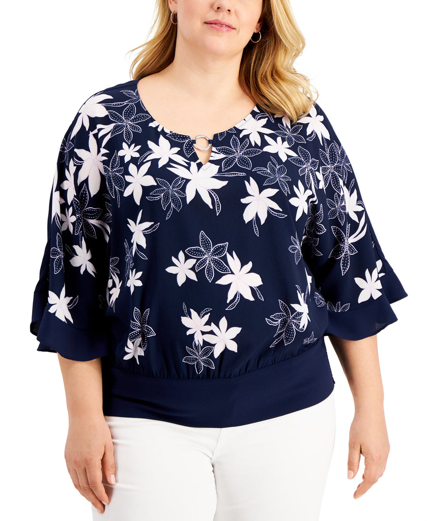 JM Collection Women Plus Printed O Ring Ruffle Sleeve Top Intrepid Blue Combo