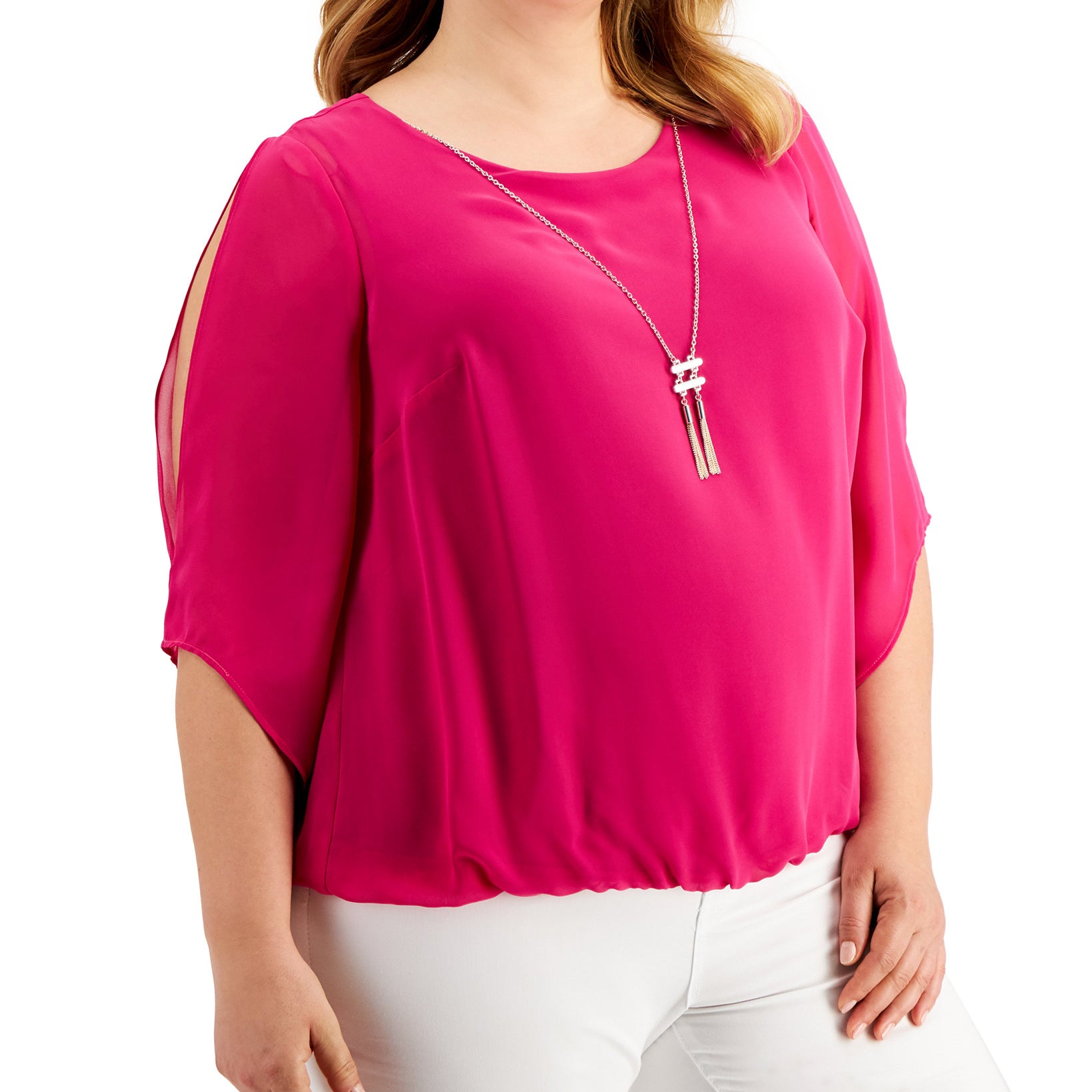 JM Collection Women Plus Bubble Hem Split Sleeve Necklace Top Bold Berry