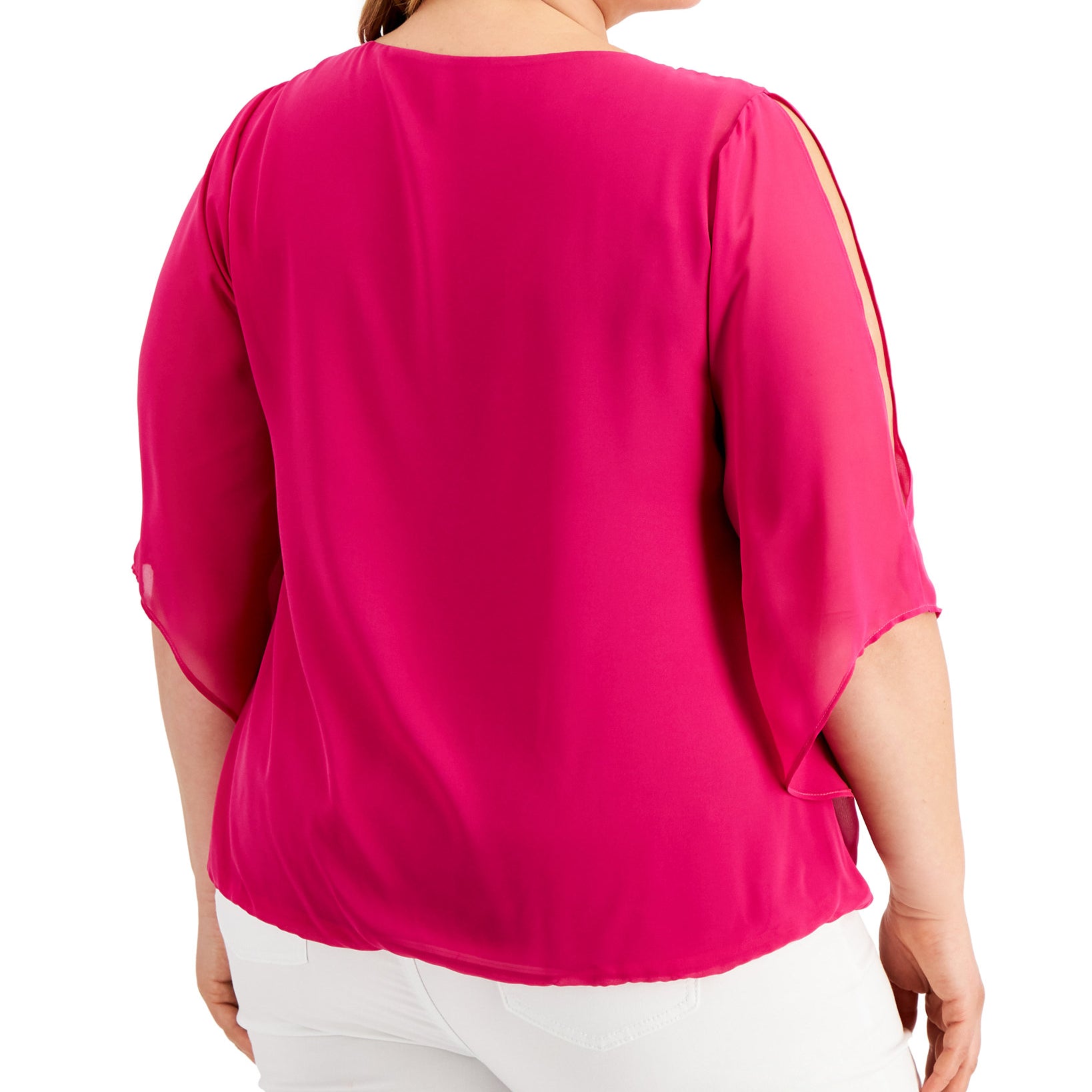 JM Collection Women Plus Bubble Hem Split Sleeve Necklace Top
