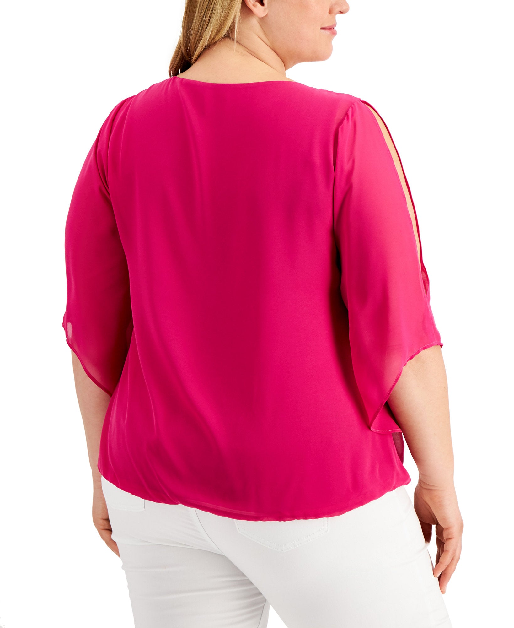 JM Collection Women Plus Bubble Hem Split Sleeve Necklace Top