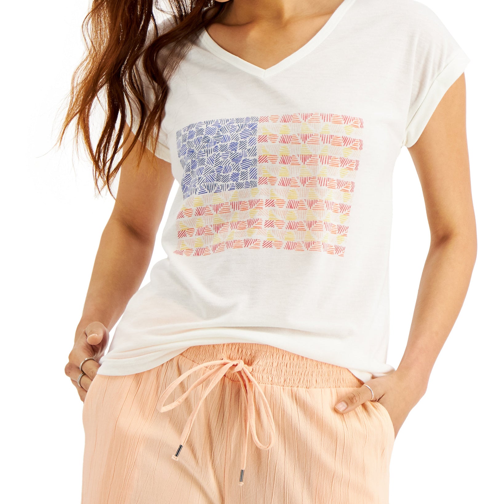 Style & Co Women Petite Graphic Cuffed T Shirt Line Flag
