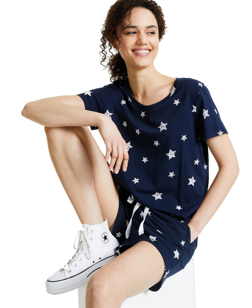 Style & Co Women Petite Printed T Shirt Star Toss Blue